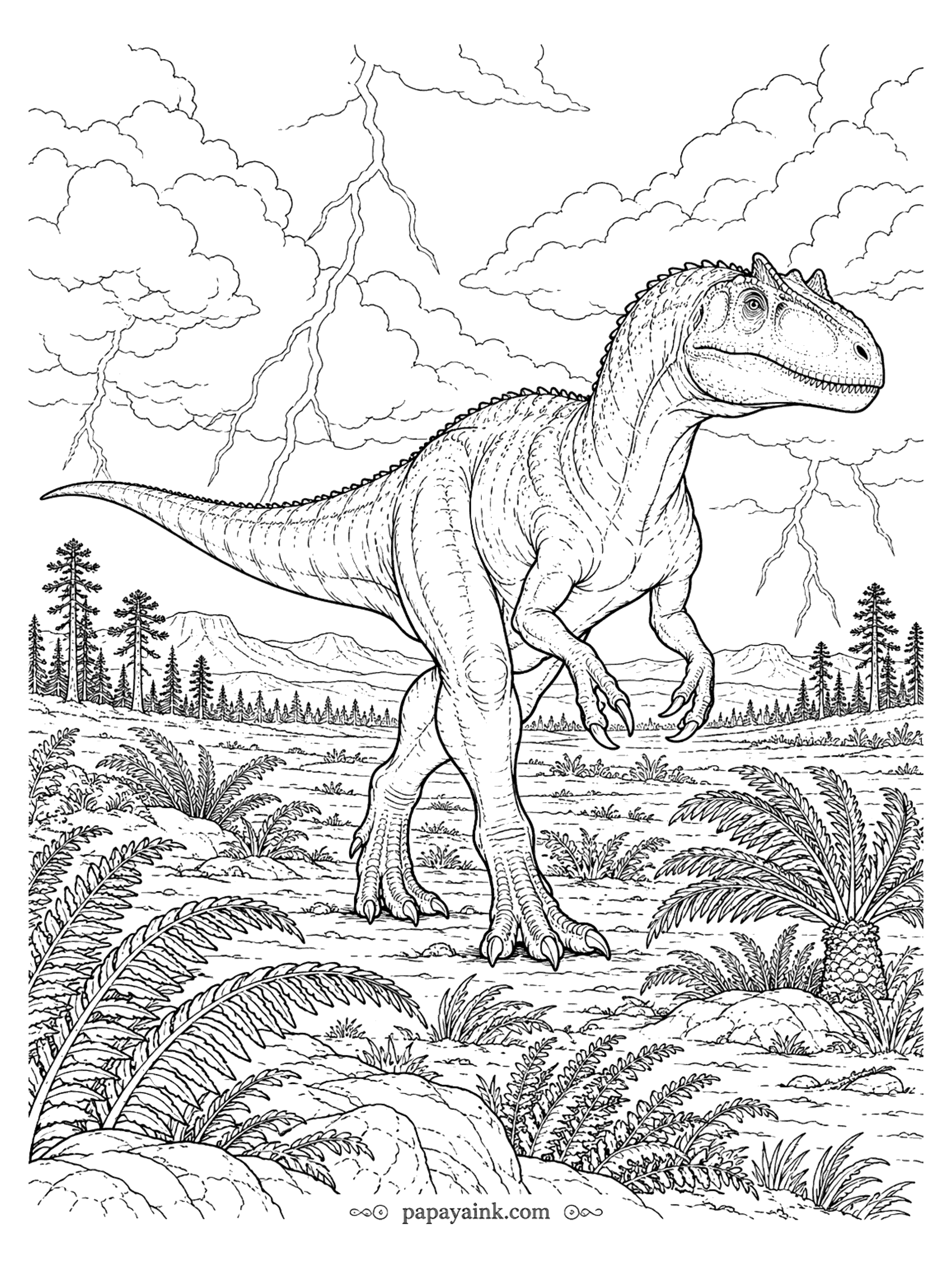 Allosaurus Coloring Pages - Allosaurus on an open fern plain under heavy storm clouds and forks of lightning.