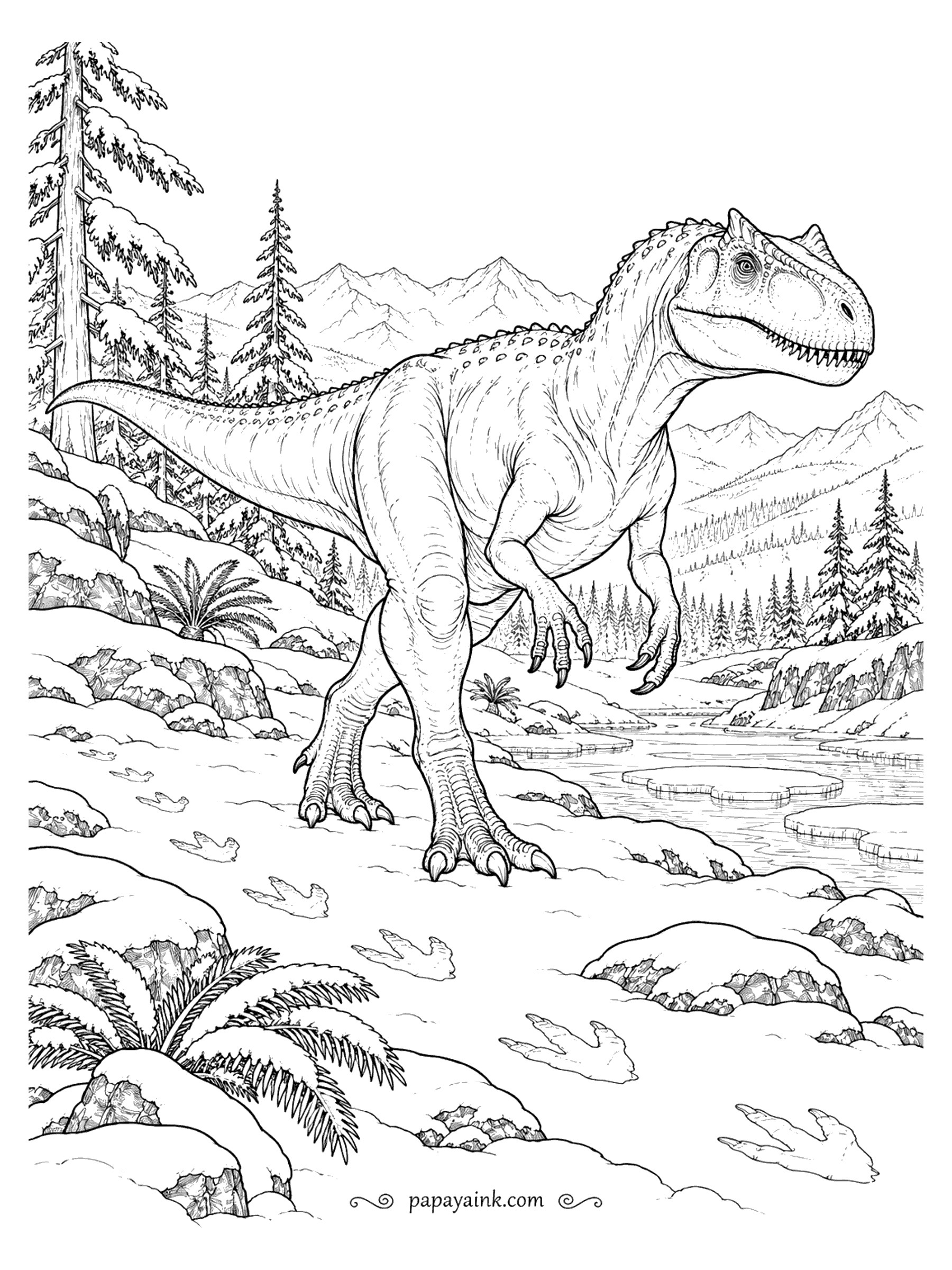 Allosaurus Coloring Pages - Allosaurus leaving footprints in fresh snow beside an icy river, with snow-laden conifers and mountain peaks behind.