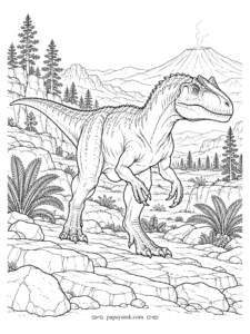 Allosaurus Coloring Pages - Allosaurus striding over cracked rock slabs with a smoking volcano and mesas on the horizon. Detailed.