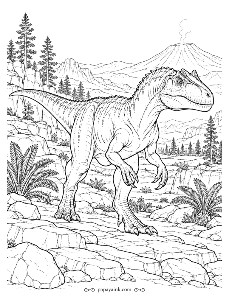 Allosaurus Coloring Pages - Allosaurus striding over cracked rock slabs with a smoking volcano and mesas on the horizon. Detailed.
