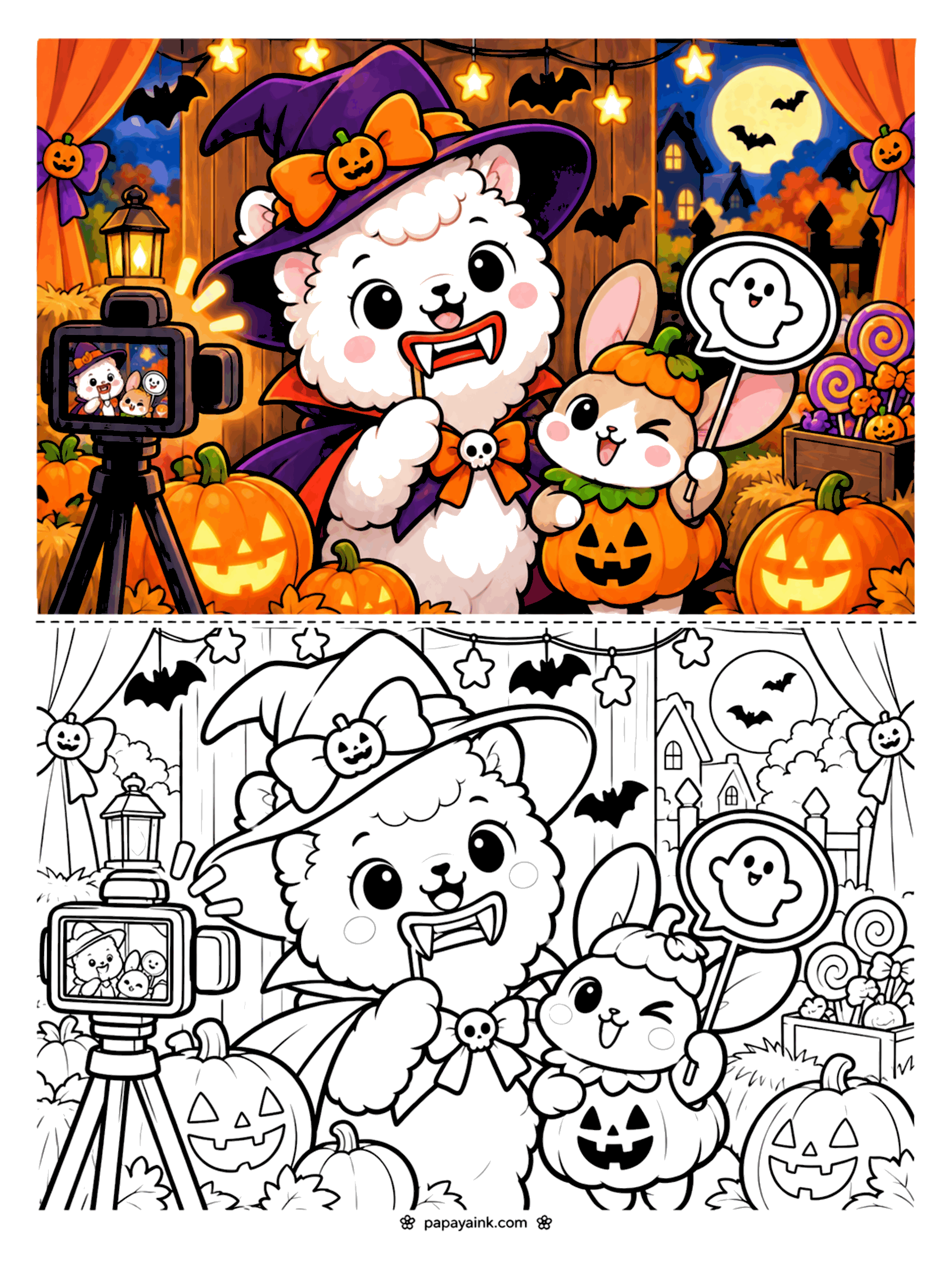 Easy Cute Halloween Coloring Pages - Alpaca vampire and bunny pumpkin posing with props at a Halloween photo booth (Detailed)