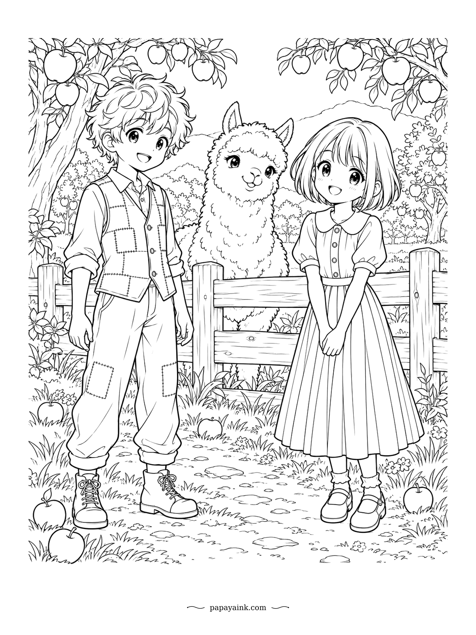 Cute Anime Coloring Pages - Apples hang heavy above the paddock, and a fluffy alpaca has pushed its head between the boy and girl at the fence to join the conversation. A patched vest and a pleated dress give plenty to color. Leave the alpaca cream and curly.