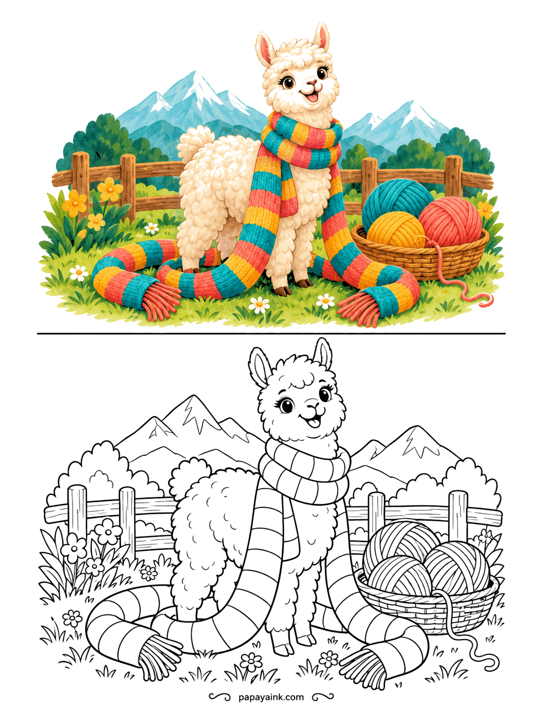 Copy Coloring Pages - Alpaca fleece makes some of the softest yarn there is, and this alpaca has been busy knitting. The scarf wraps twice and still trails in the grass, with a basket of yarn balls nearby. Stripe it in every color you own.