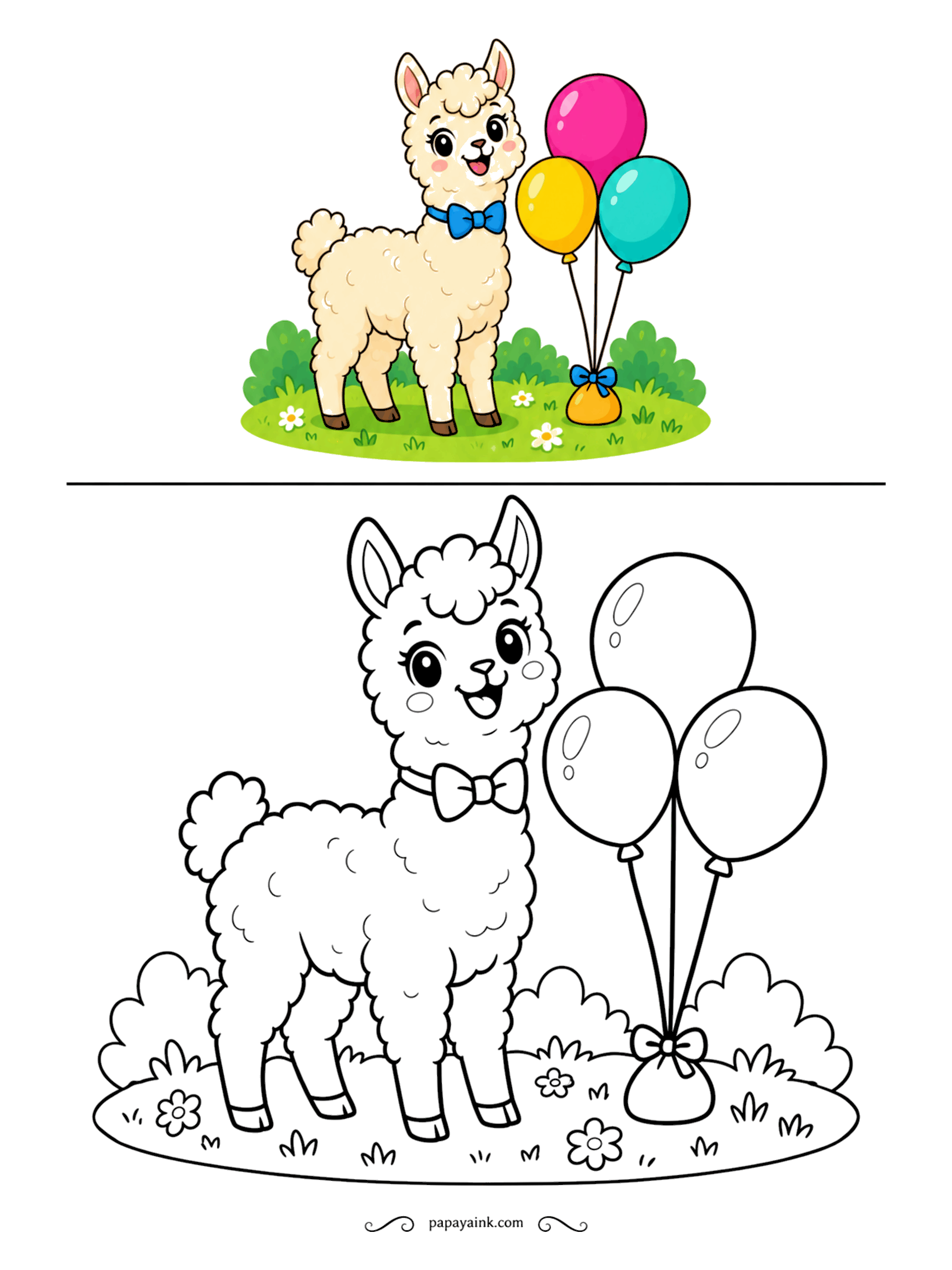 Copy Coloring Pages - Party animal, literally - an alpaca with a blue bow tie and three balloons weighted down beside it. Curly fleece outlines make great texture for fine-tip pens. Pick three balloon colors that clash on purpose.