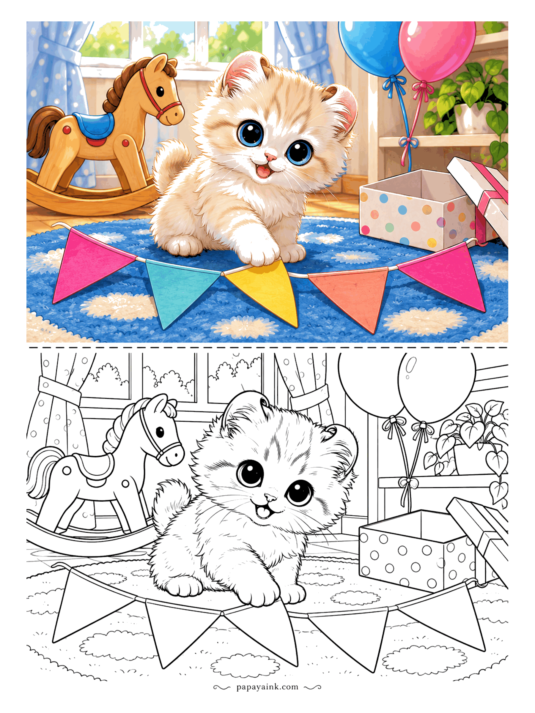 Kitten Coloring Pages - The party garland came out of the gift box and the American Curl kitten is sitting on it, so decorating is over. A rocking horse, two balloons, a polka-dot box on the blue rug. The ears curl back; that is the breed, not a mistake.