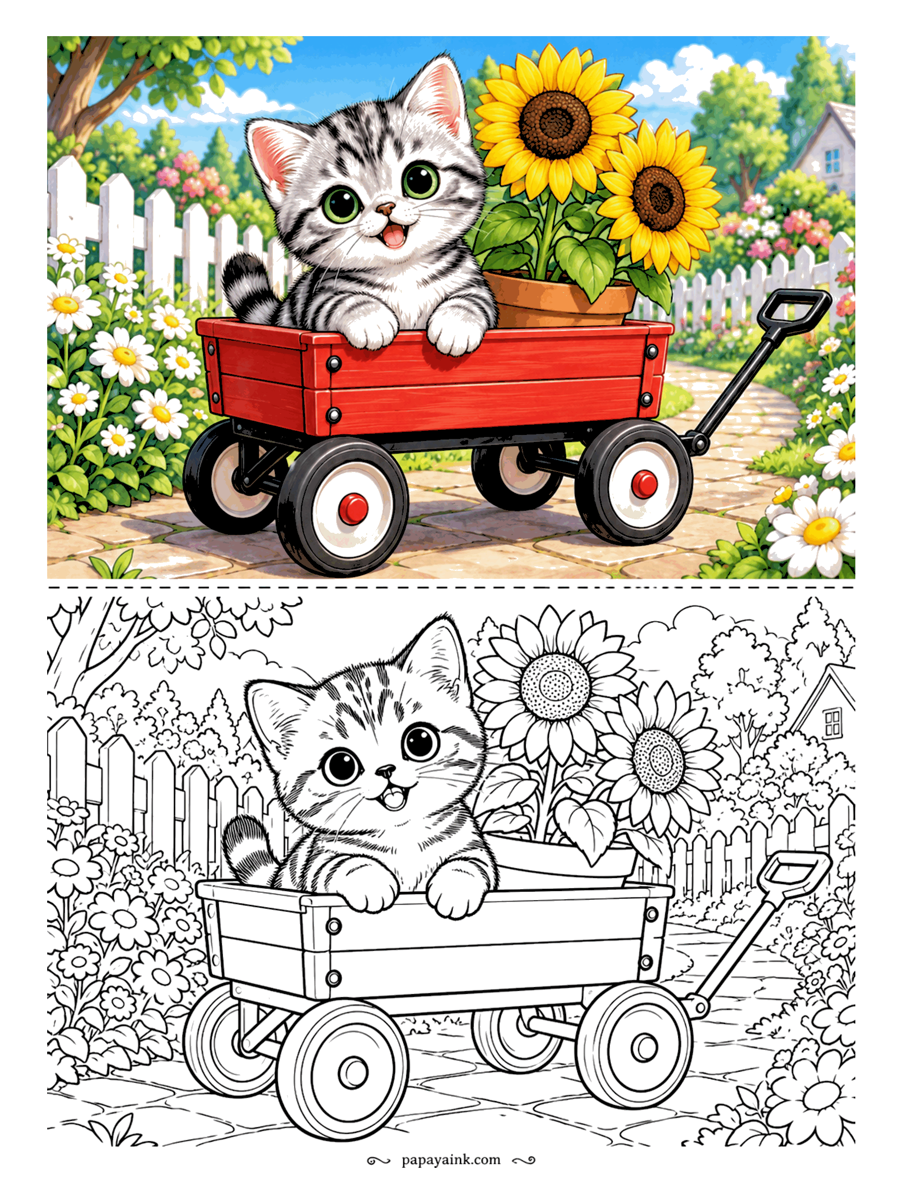 Kitten Coloring Pages - The silver tabby American Shorthair is riding the red wagon, and the sunflowers are along for the trip. White picket fence, daisies and a brick path through the garden. Tabby stripes are dark gray over silver; leave the white chin and paws alone.