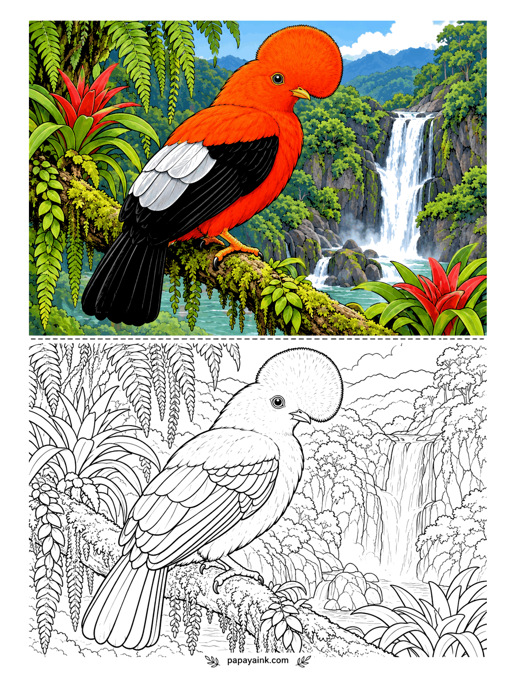 Bird Coloring Pages - Under that half-moon crest the beak almost disappears. An Andean cock-of-the-rock, orange from head to belly, stares down from a lichen-covered branch beside a jungle waterfall. Black wings with a gray panel; the bromeliads are red, so keep the bird orange.