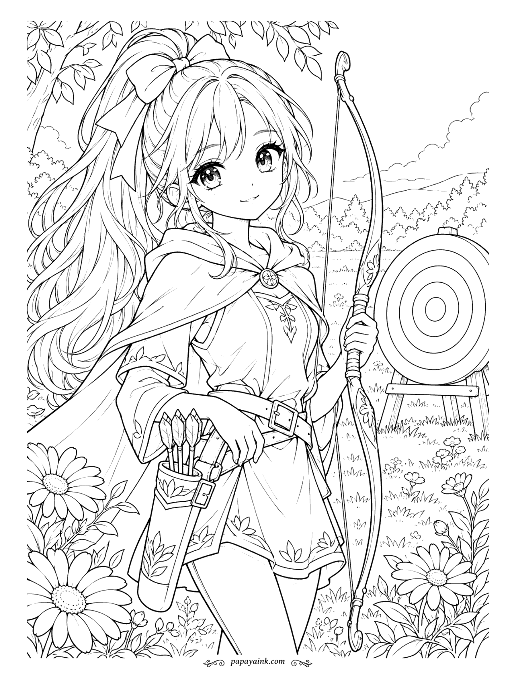 Anime Girl Coloring Pages - Archery practice in a flowering meadow: bow in hand, quiver at her hip, target waiting on its stand. The short cape and leaf-embroidered tunic suit forest greens or anything you like.