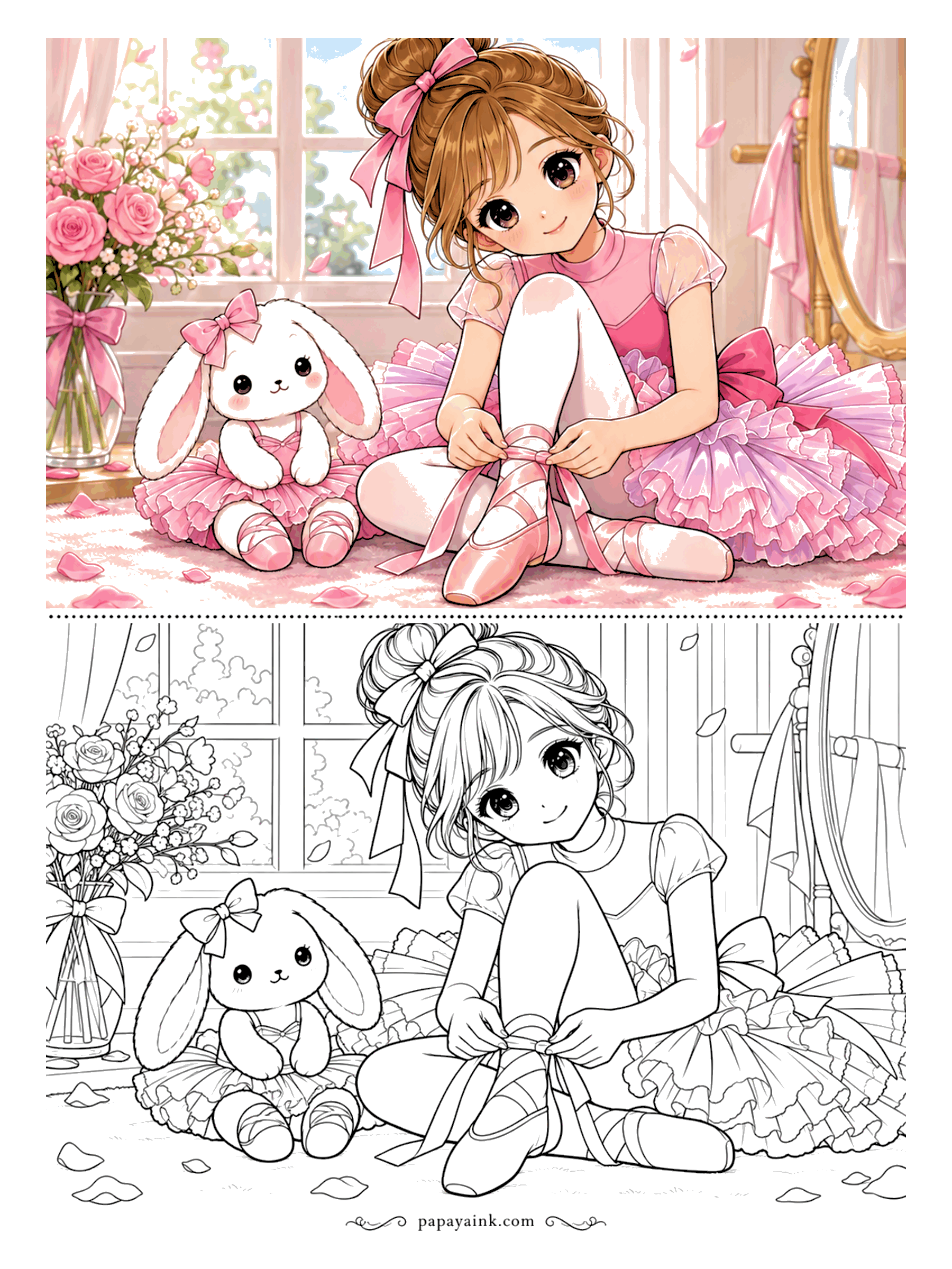 Anime Girl Coloring Pages - Before class, a young ballerina ties the ribbons of her pointe shoes while a plush bunny in a matching tutu waits beside her.