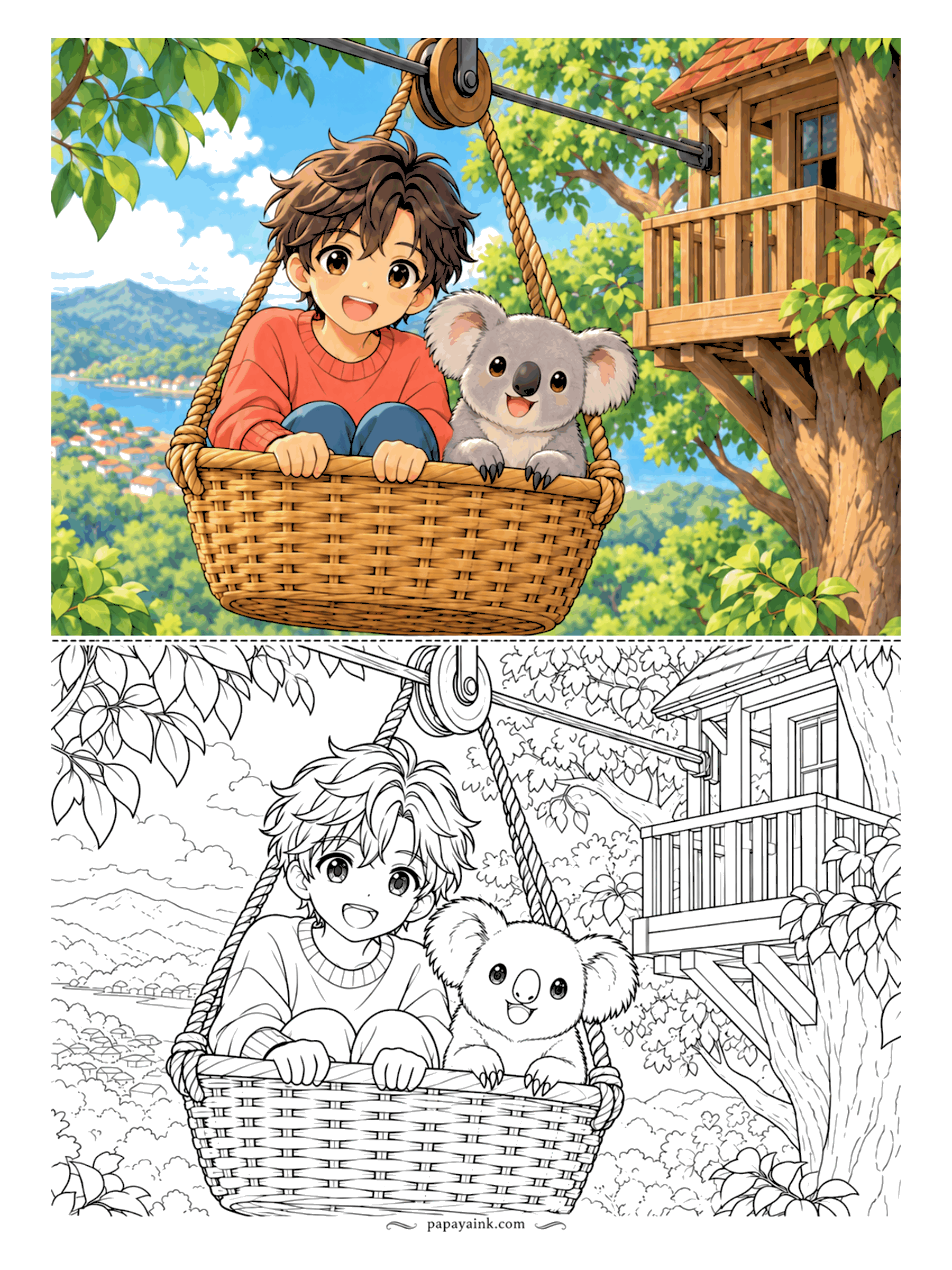 Anime Boy Coloring Pages - Going up! A wicker basket on a rope and pulley carries him and a koala toward the treehouse, with hills and a lake far below. Detailed - the basket weave and the leaves take patience.