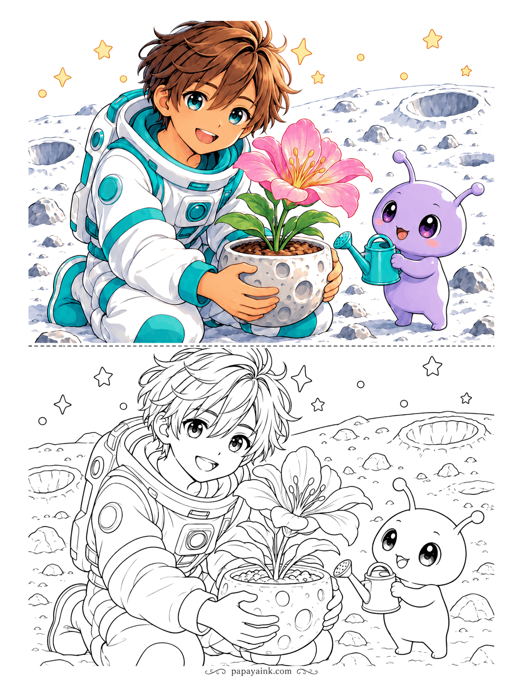 Anime Boy Coloring Pages - Moon gardening takes teamwork: he steadies a crater-rock pot while a lilac alien tips the watering can over the only pink lily for miles. The color sample shows a teal-and-white suit, though any space palette works.
