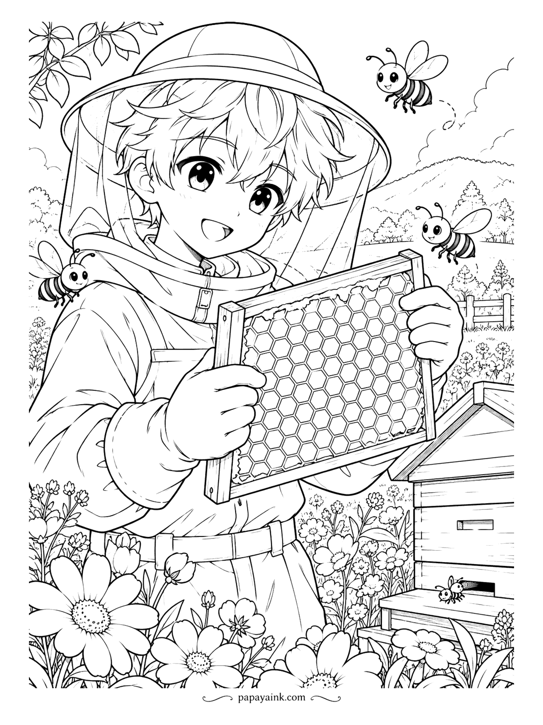 Anime Boy Coloring Pages - Honey harvest. Under a veiled hat, a young beekeeper lifts a full frame of comb out of the hive while cheerful bees circle the meadow flowers. The hexagons are oddly relaxing to fill in, cell by cell.