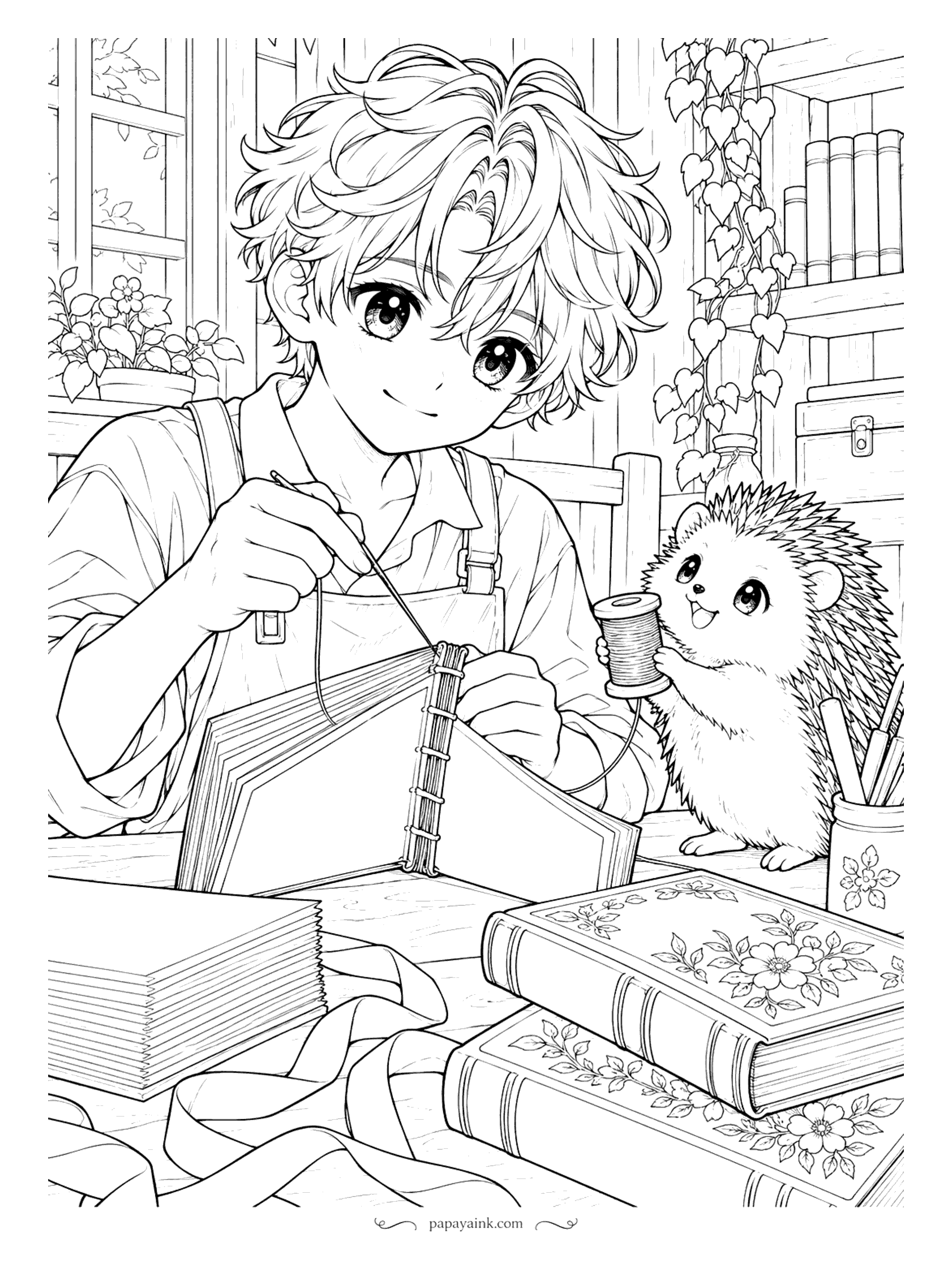 Anime Boy Coloring Pages - Needle, thread and a quiet afternoon in the bookbinding workshop. He stitches the spine of a new book while a hedgehog holds the spool steady. Detailed - the embossed covers reward a sharp pencil.