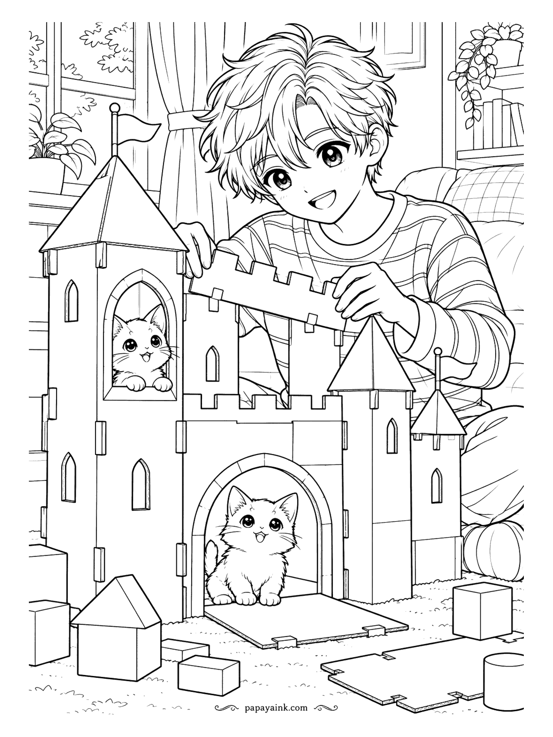 Anime Boy Coloring Pages - Cardboard, scissors and a free afternoon have produced a castle with towers, a flag and a drawbridge. The kittens moved in before the last wall went up.