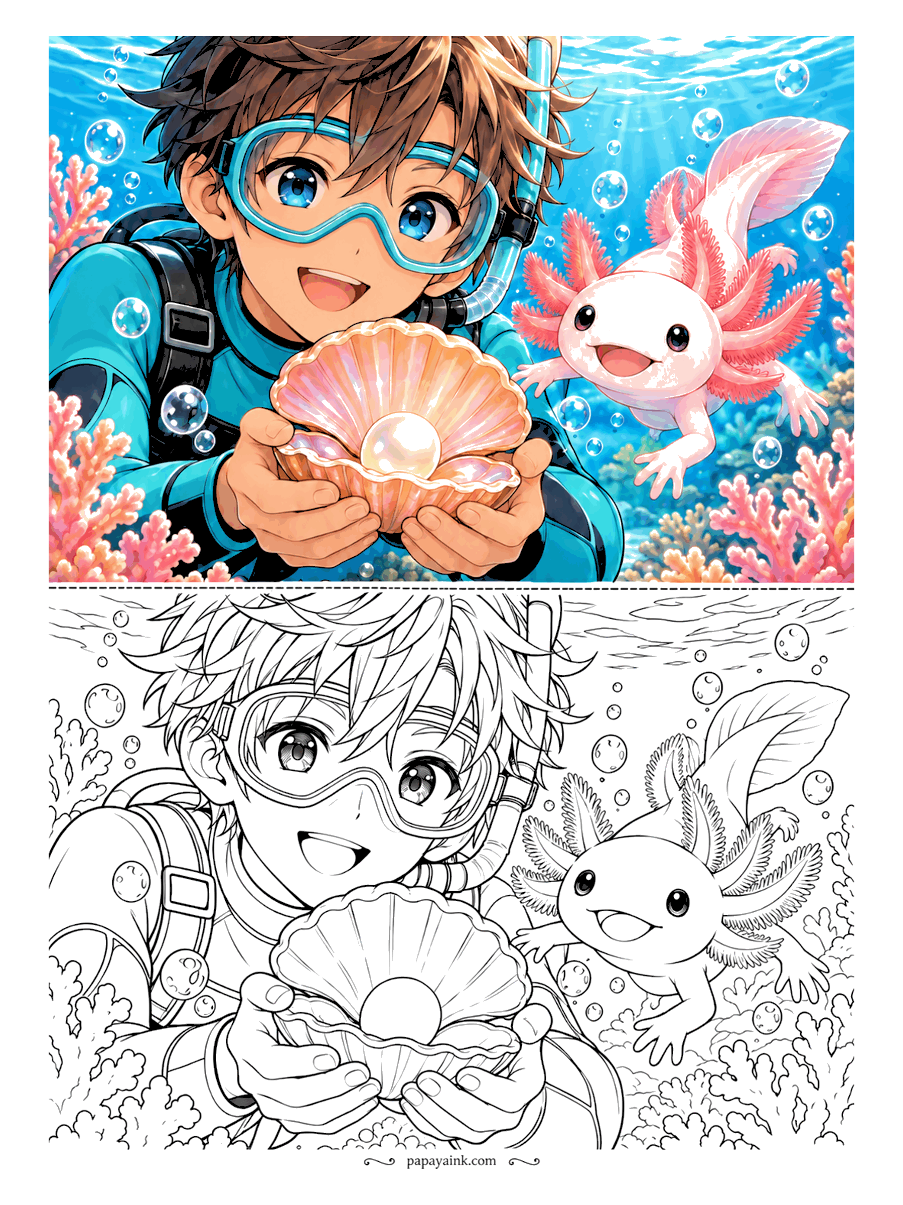 Anime Boy Coloring Pages - Found at the bottom of the reef - one perfect pearl in a scallop shell, held out for a curious pink axolotl to inspect. Detailed, with coral branches and bubbles of every size.