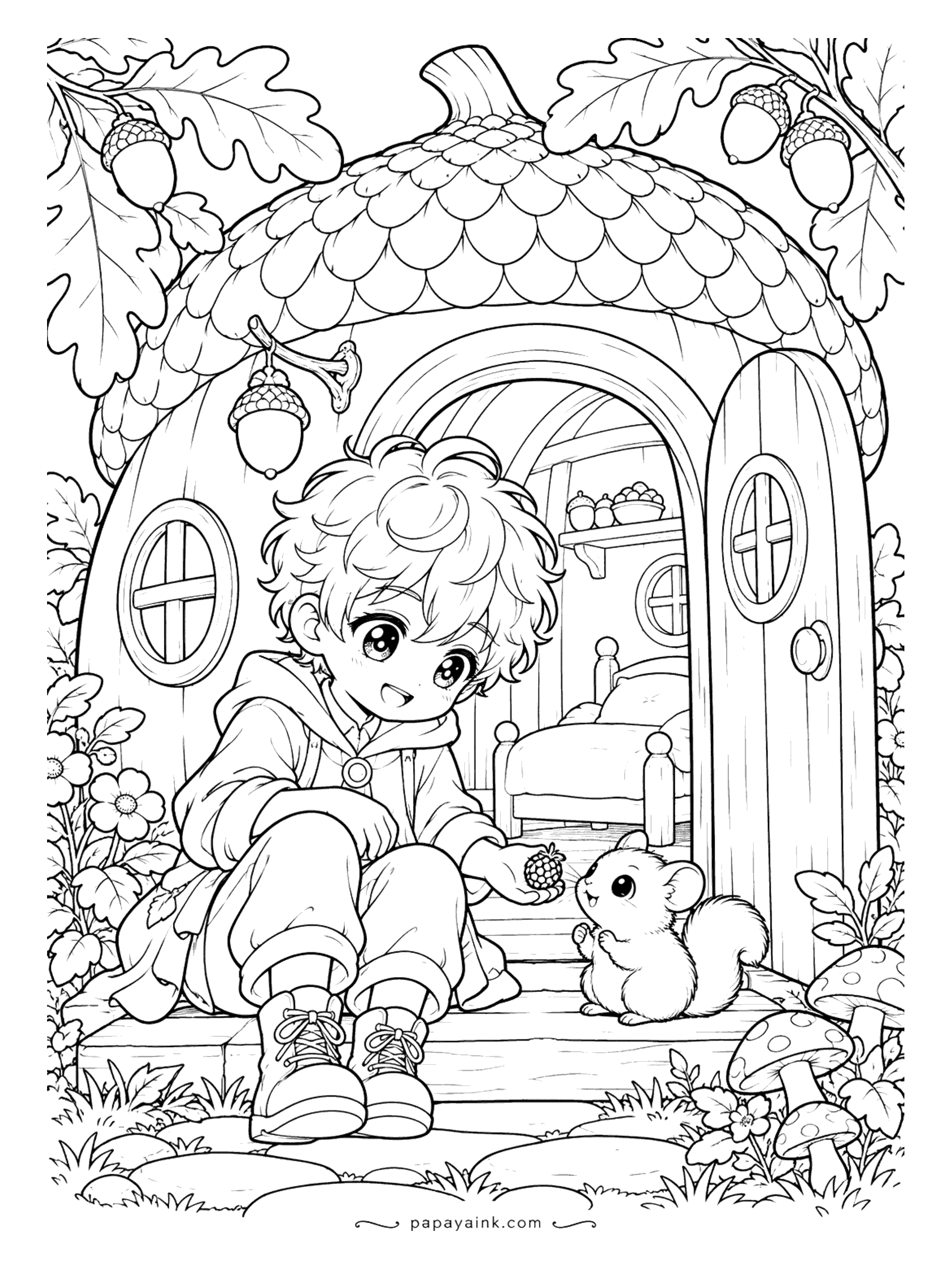 Anime Boy Coloring Pages - Breakfast on the doorstep of an acorn house - a single berry, offered on an open palm to a dormouse who was clearly expecting it. Oak leaves and a scaled roof frame the scene.