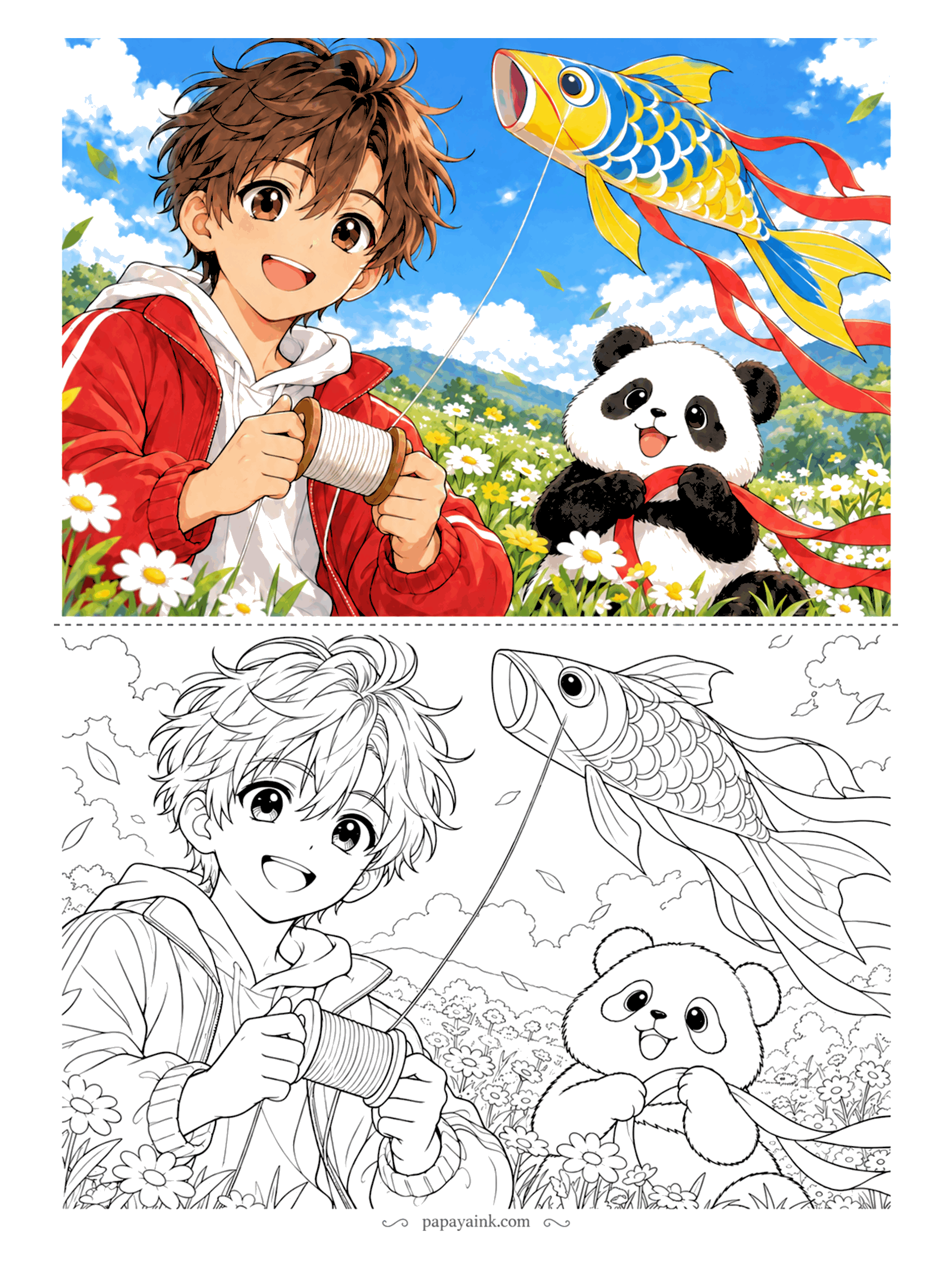 Anime Boy Coloring Pages - Wind's up over the daisy meadow. The carp kite is climbing, the spool is spinning, and a panda cub has hold of the red ribbon tails.