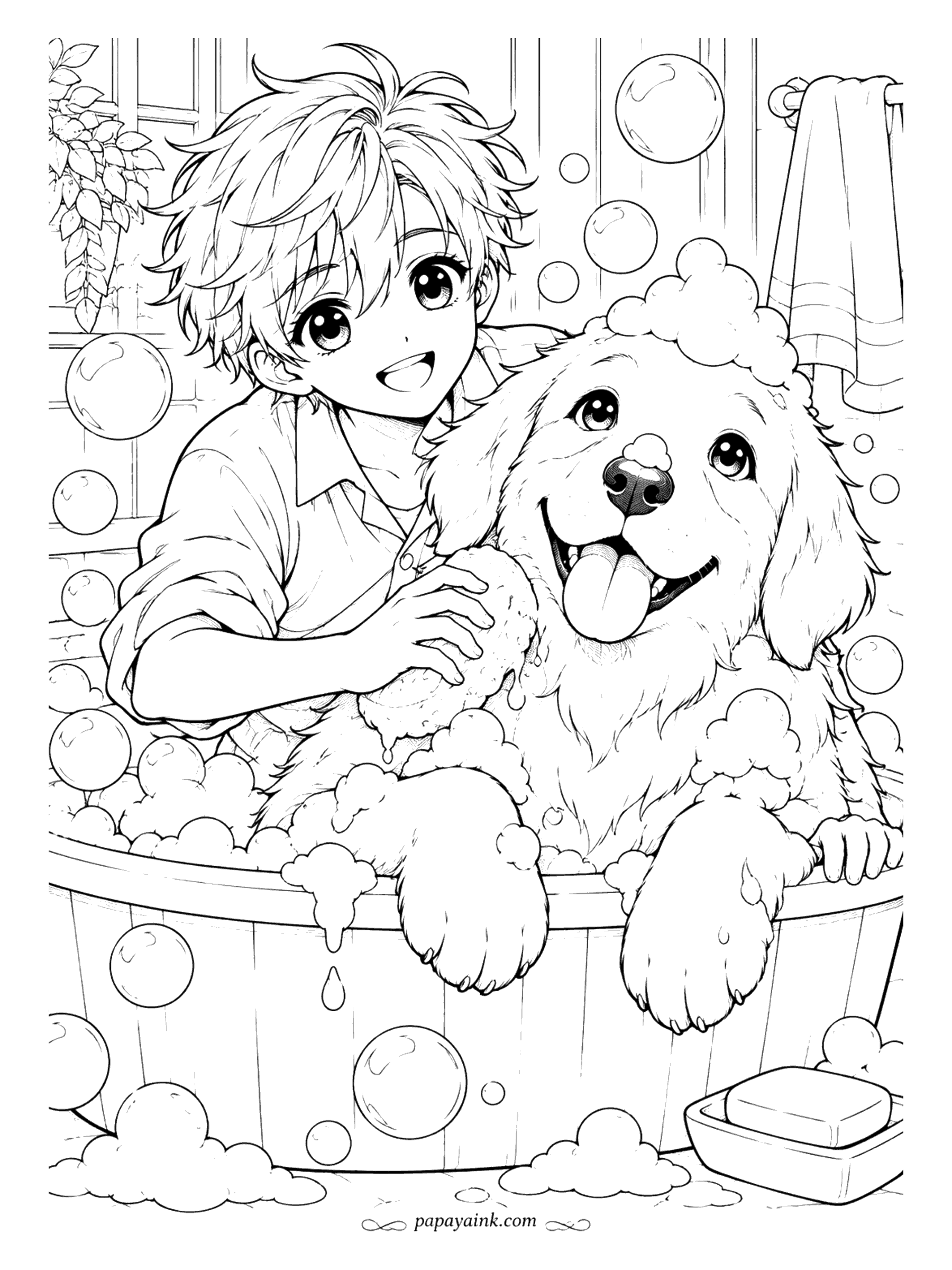 Anime Boy Coloring Pages - Bath day went better than expected. A big shaggy dog grins over the rim of a wooden tub with a dollop of foam on its nose, and bubbles drift all over the page - easy, open shapes.