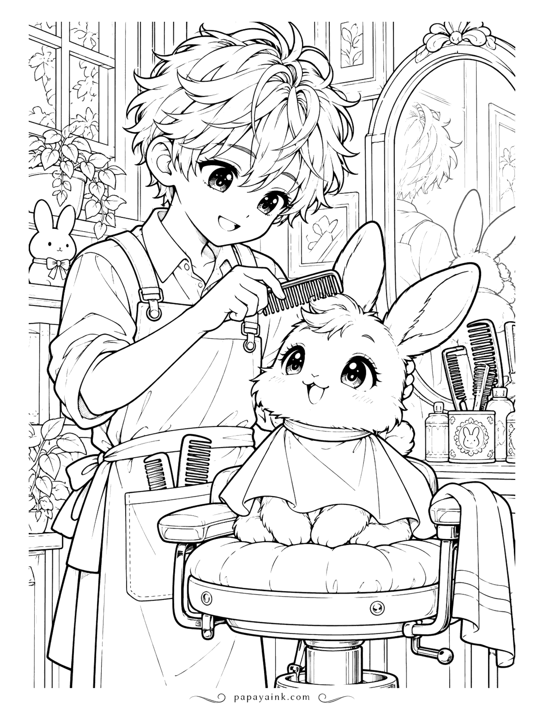 Anime Boy Coloring Pages - Just a trim, please. A very fluffy bunny sits caped in the salon chair while its stylist works a comb through the tuft between its ears.