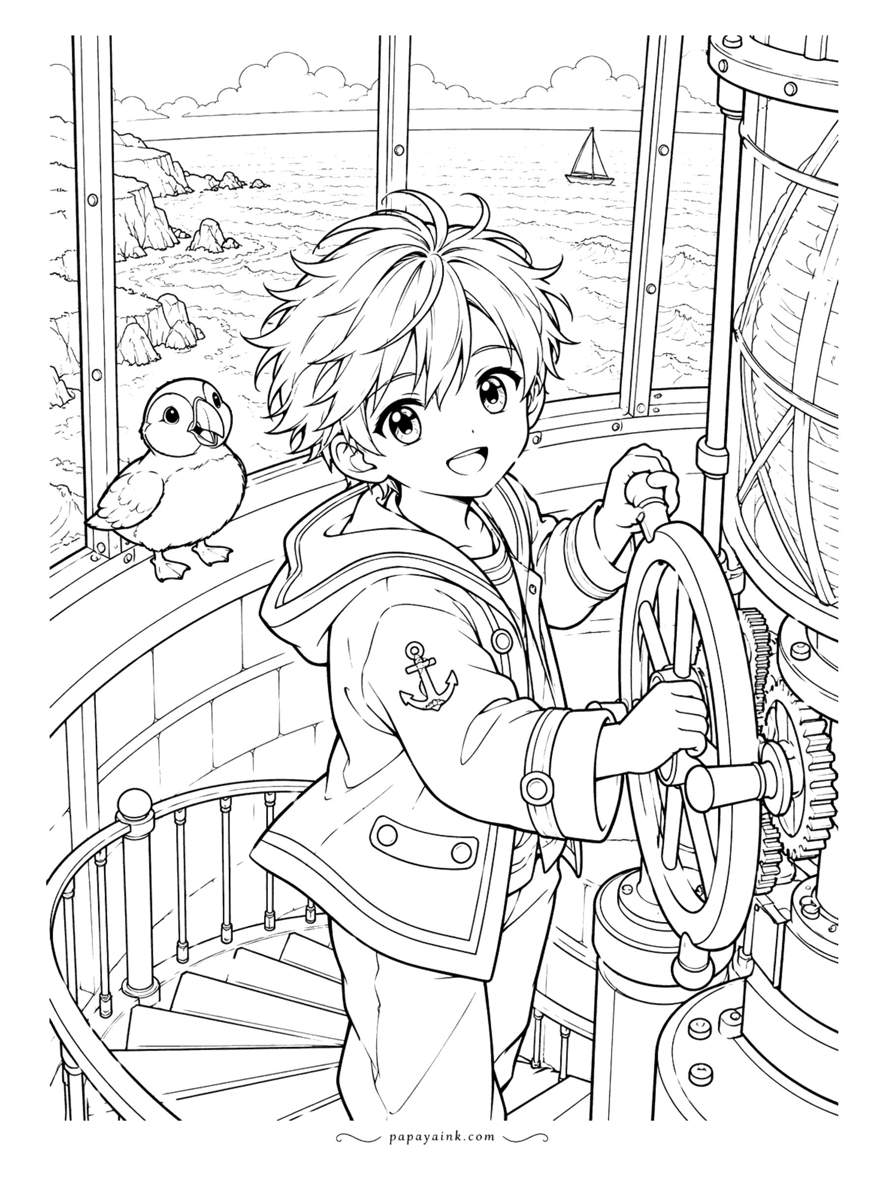 Anime Boy Coloring Pages - Lighthouse duty: both hands on the big wheel beside the lamp, a puffin keeping watch from the window ledge and a sailboat far out on the water.