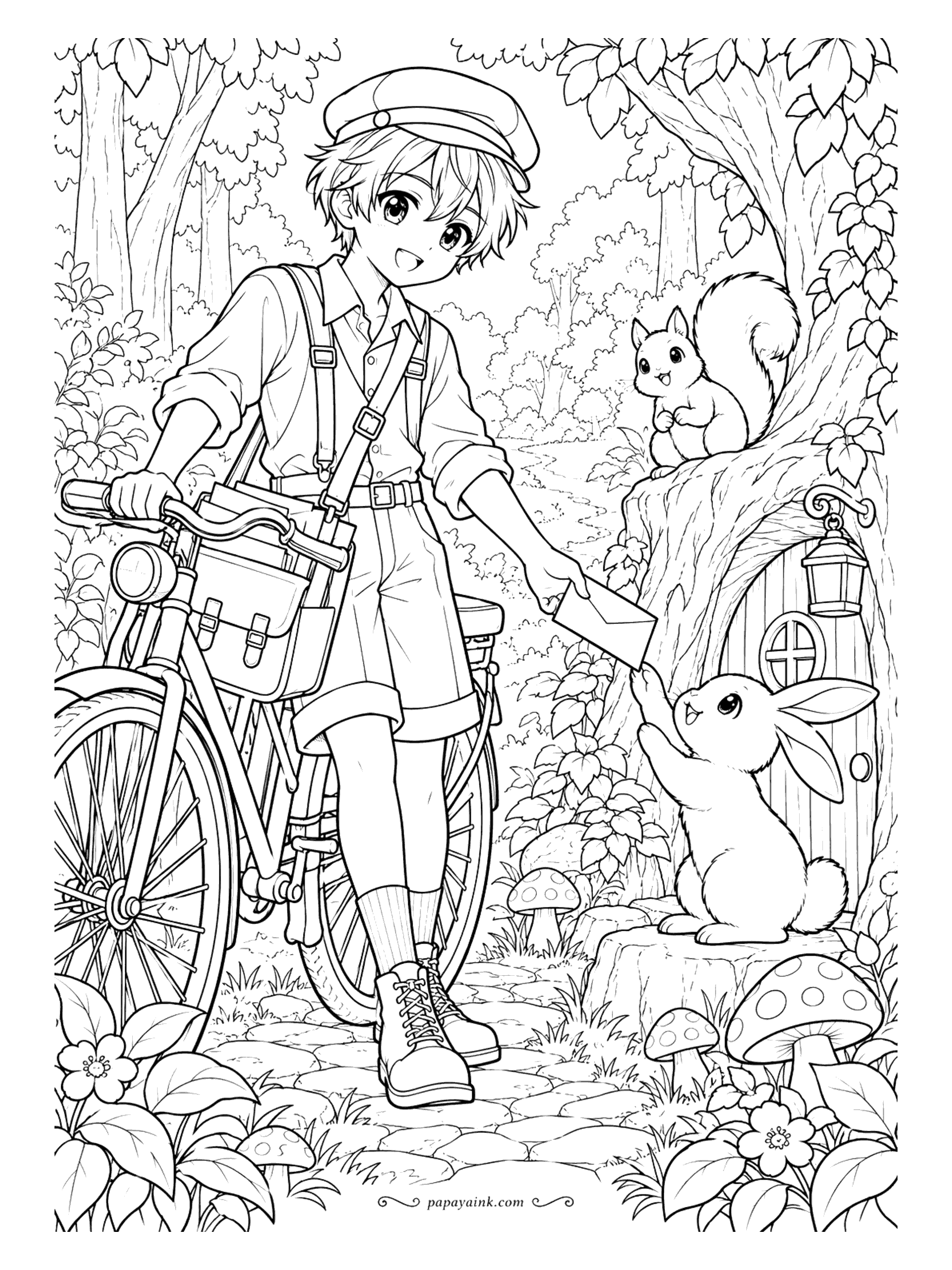 Anime Boy Coloring Pages - Special delivery on the forest route - a letter for the rabbit at the tree with the little round window, handed over by a mail carrier on an old-fashioned bicycle while a squirrel looks on.