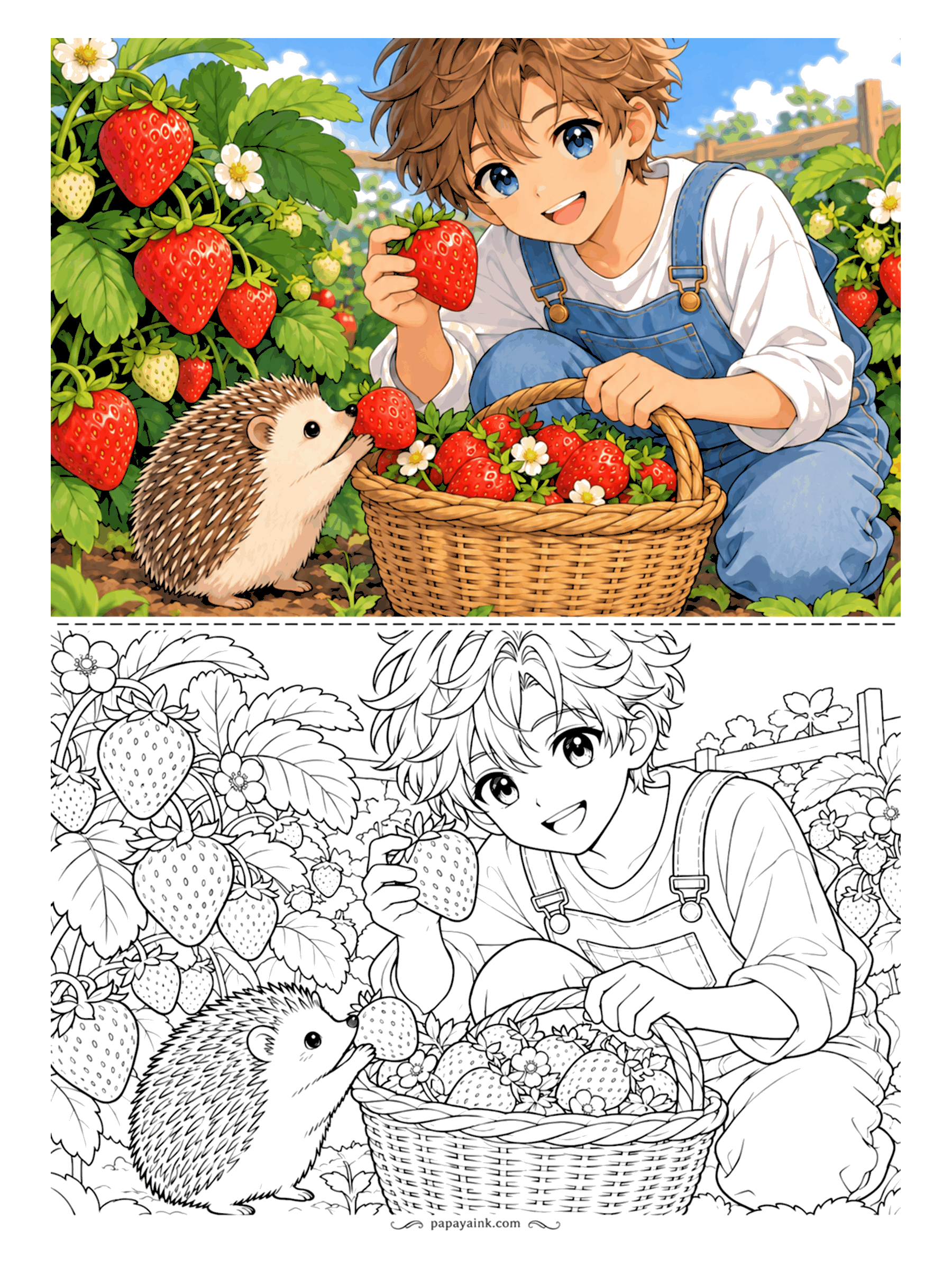 Anime Boy Coloring Pages - Strawberry season, and the hedgehog has claimed the ripest berry straight from the basket. Denim overalls, woven wicker and plants heavy with fruit - the color half is a handy guide for all those reds and greens. Detailed.