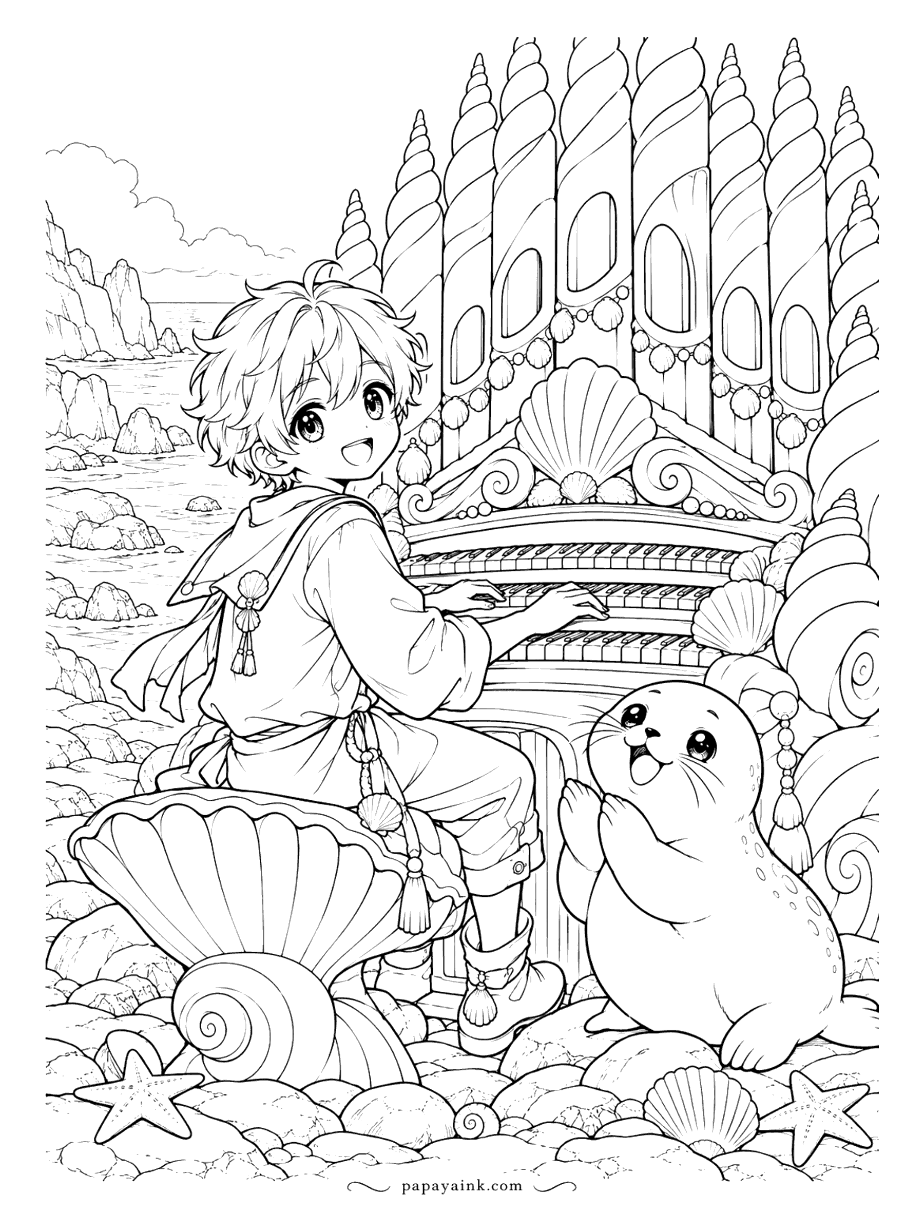 Anime Boy Coloring Pages - Spiral shells stand in for organ pipes on this rocky shore, and the only listener, a baby seal, is already applauding. Detailed, with scallops, starfish and pebbles across the foreground.