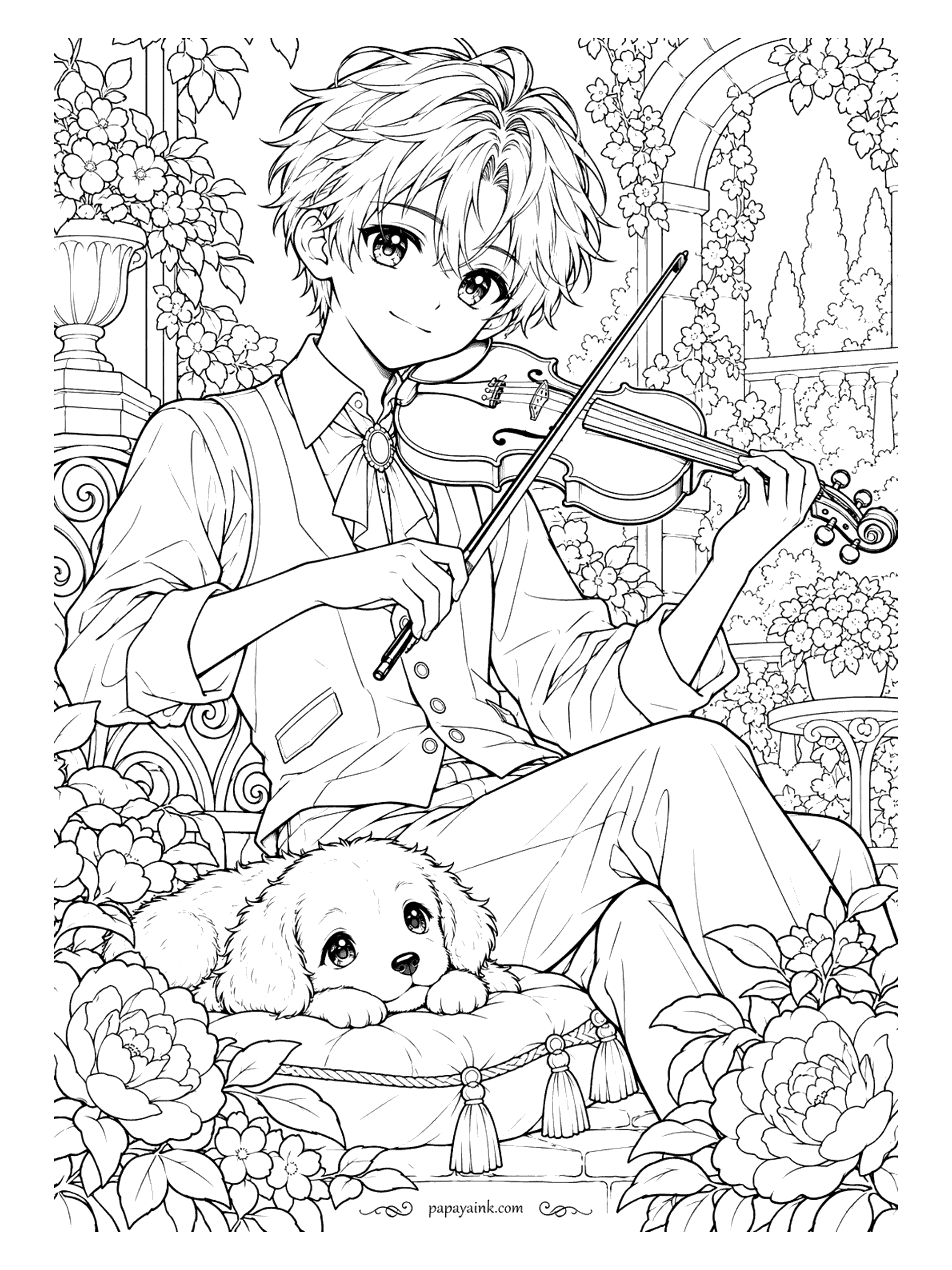 Anime Boy Coloring Pages - Garden concert for a very small audience. The violin is tucked under his chin, the puppy is stretched out on a tasseled cushion, and peonies crowd in from every corner. Detailed.