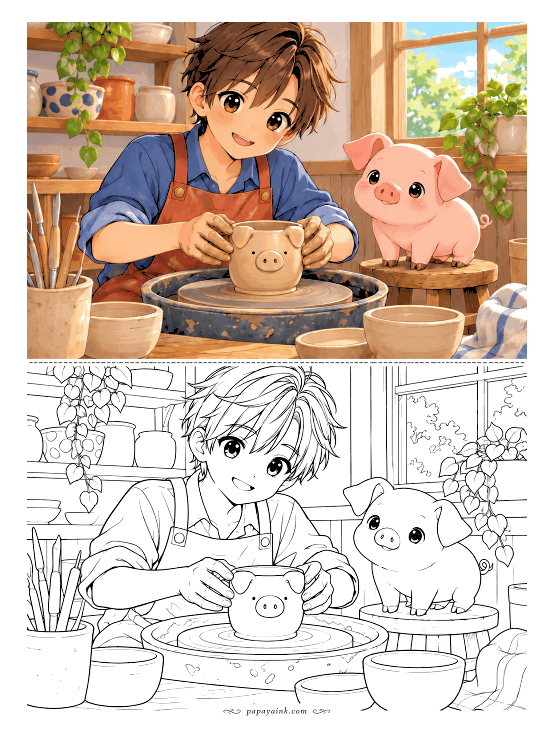 Anime Boy Coloring Pages - At the pottery wheel, a clay pot is turning out to have ears and a snout - and the model, a pink piglet on a wooden stool, looks pleased with the likeness.