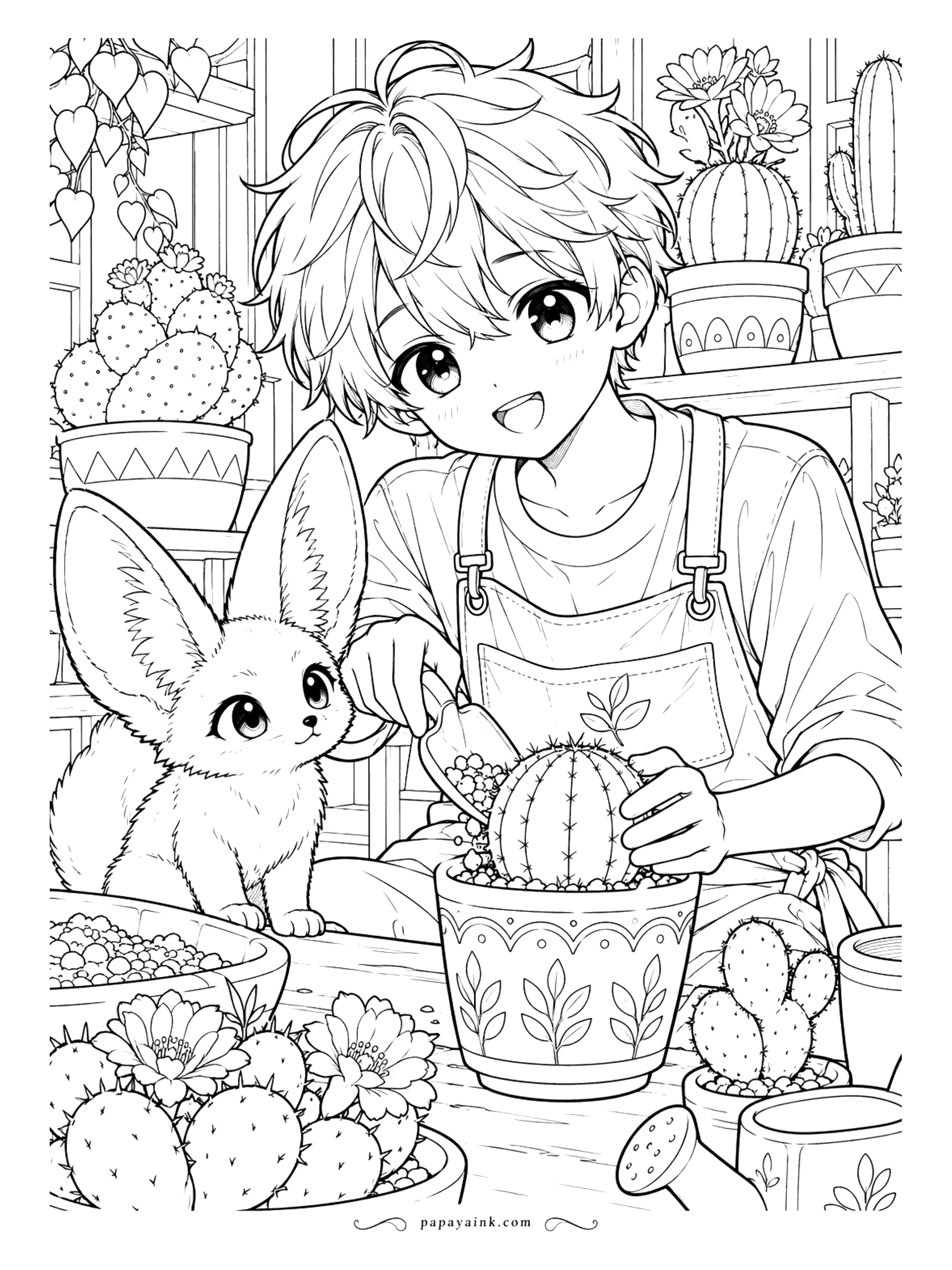 Anime Boy Coloring Pages - Repotting day in the cactus greenhouse, overseen by a fennec fox with ears nearly as tall as the plants. A close-up portrait with patterned pots and blooming prickly pears.