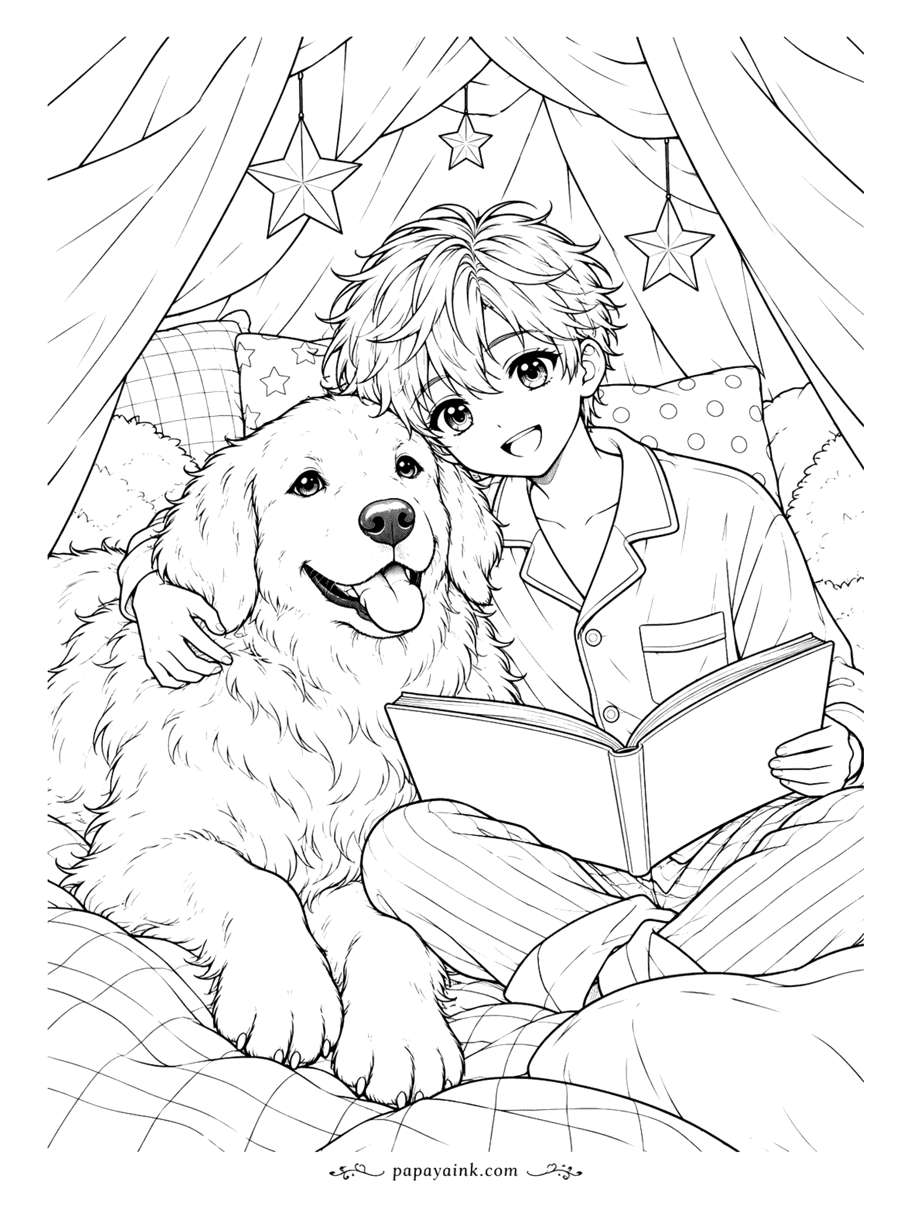 Anime Boy Coloring Pages - Blanket-fort rules: pajamas on, paper stars overhead, and the dog gets to hear the story too. Large open areas make this an easygoing sheet.