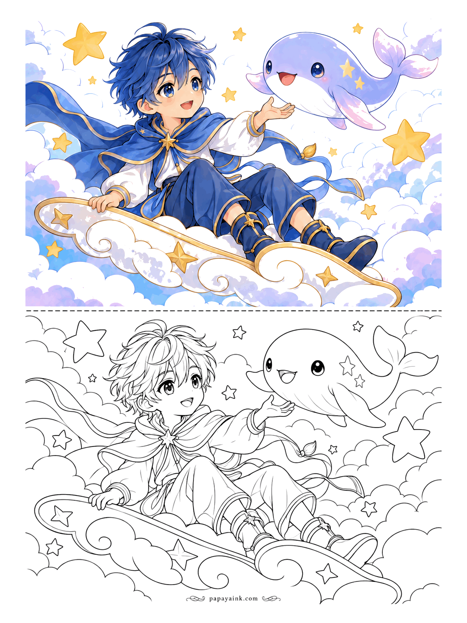 Anime Boy Coloring Pages - High above the weather, a caped stargazer surfs the clouds on a golden board and reaches out to greet a friendly sky whale. Soft pastel clouds make this a lovely sheet for blending.