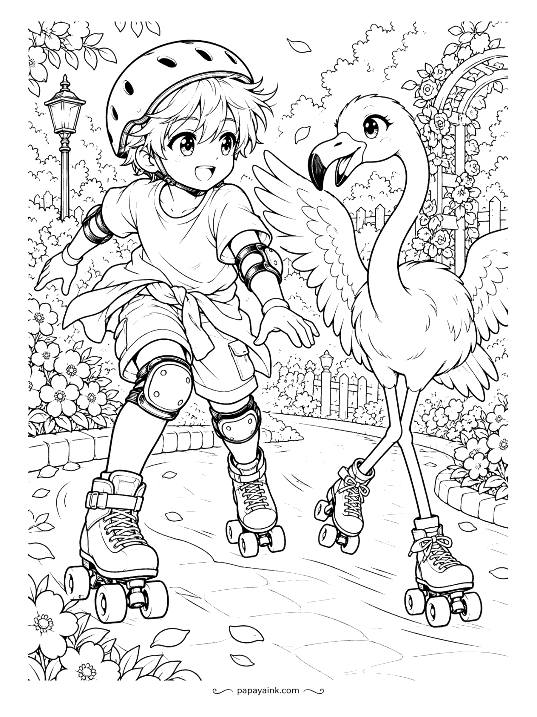 Anime Boy Coloring Pages - Yes, the flamingo has skates too. Helmet on and knee pads strapped, he races it down a garden path past a rose arch, with petals flying behind them.