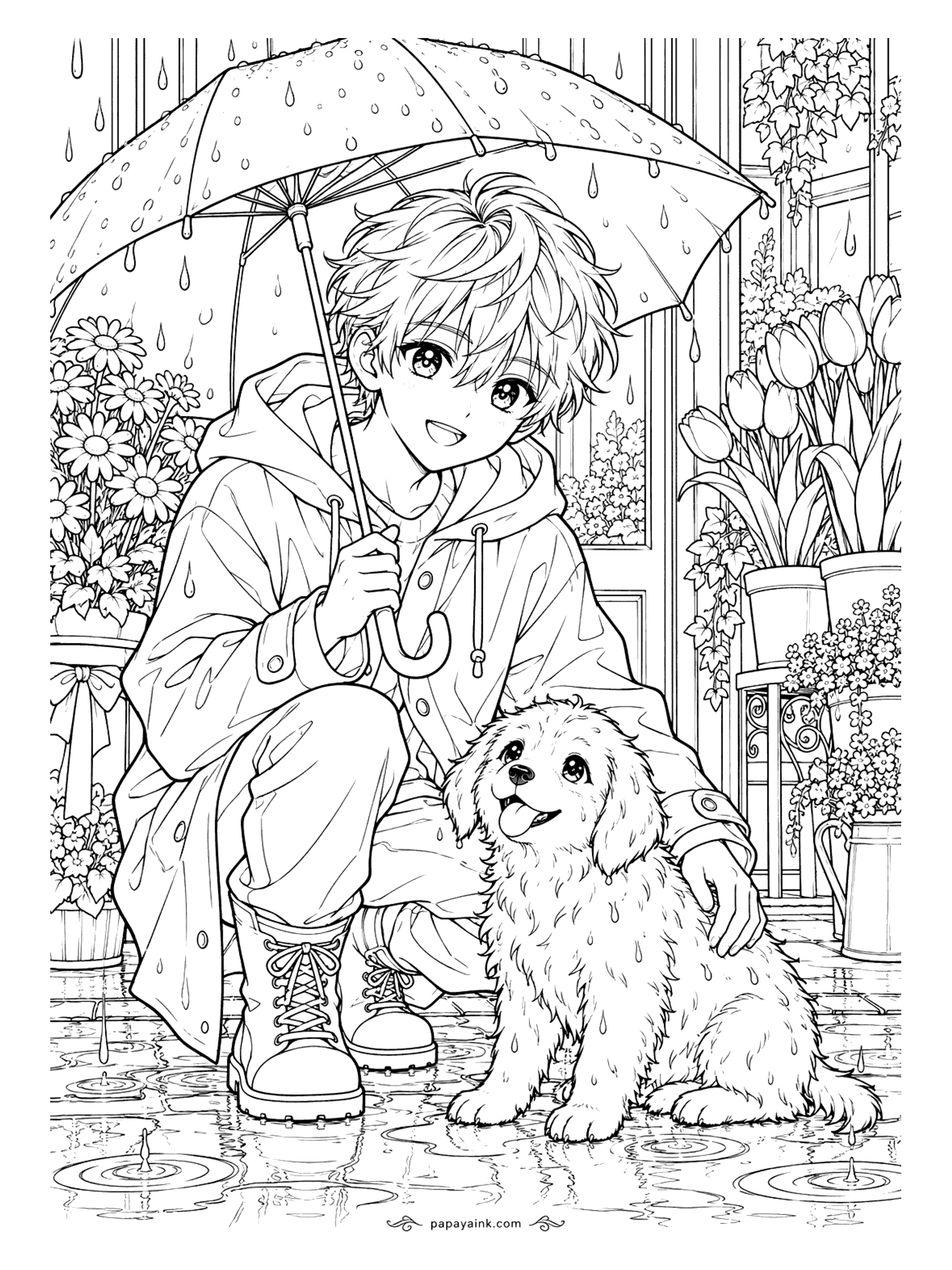 Anime Boy Coloring Pages - Rain is coming down hard outside the flower shop, so he crouches to hold his umbrella over a soggy, grateful puppy. Detailed, with ripples in the puddles and buckets of tulips and daisies.