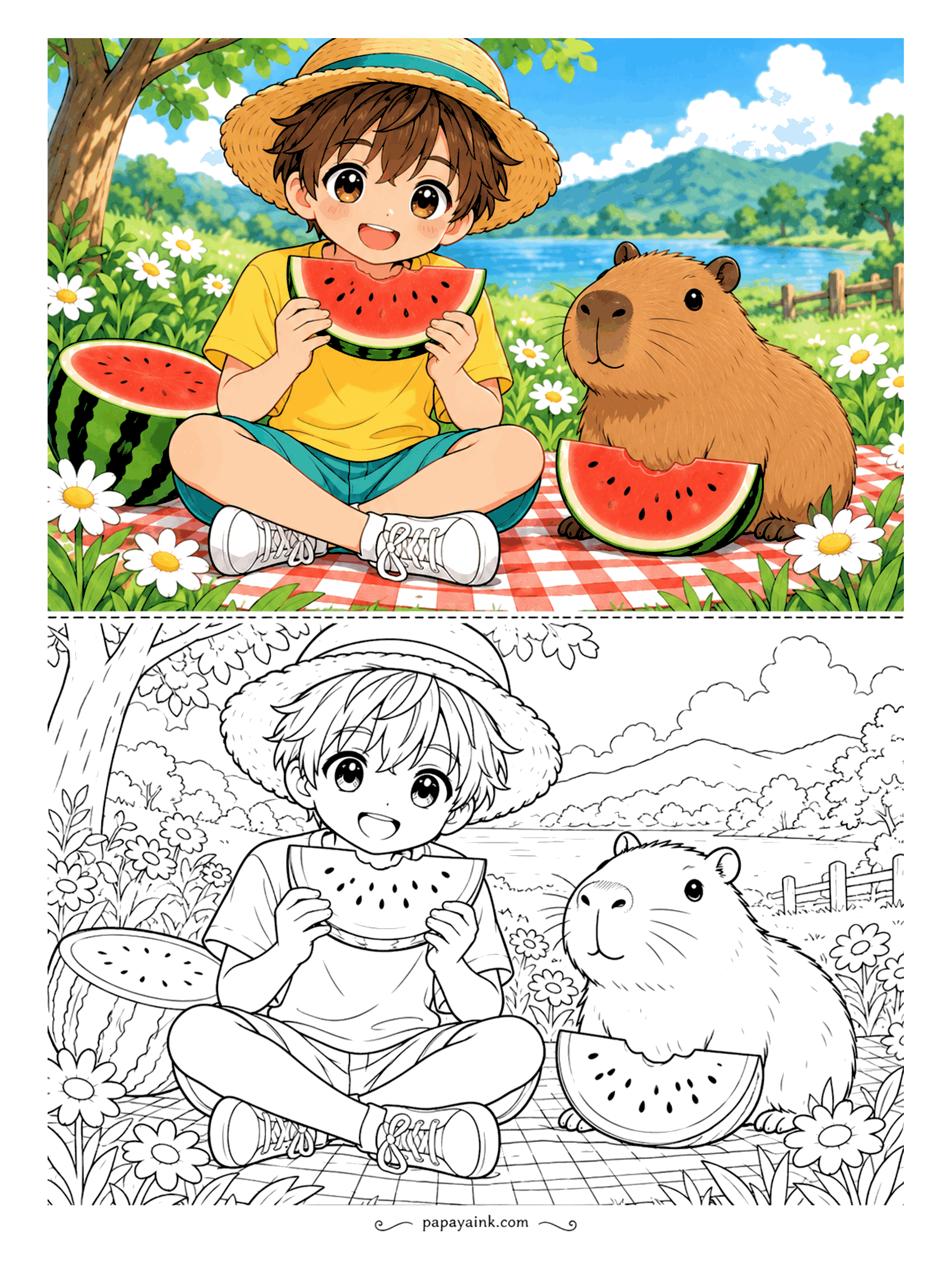 Anime Boy Coloring Pages - Picnic blanket, straw hat, watermelon cut in generous wedges. The capybara sitting alongside has a slice of its own and no intention of hurrying.
