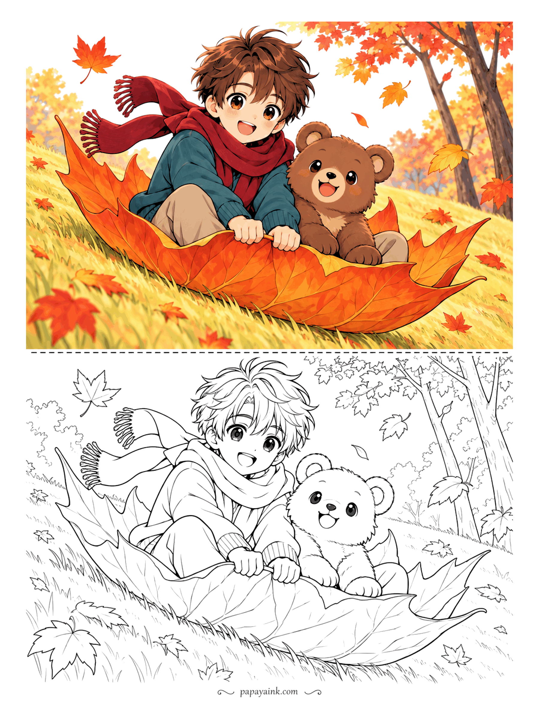 Anime Boy Coloring Pages - Who needs snow? A giant maple leaf makes a perfectly good sled, and the bear cub riding behind agrees. Warm oranges and reds in the sample show autumn at full strength.