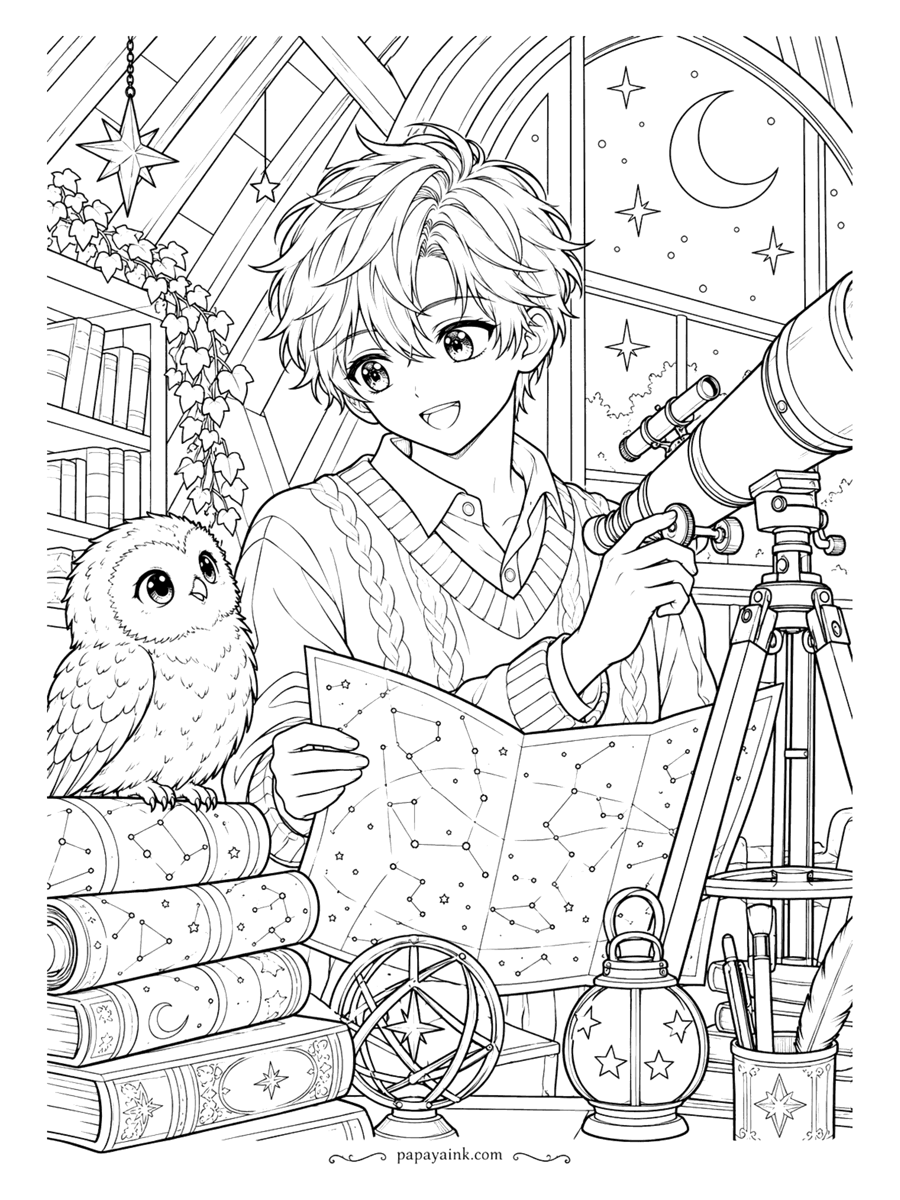 Anime Boy Coloring Pages - Up in the attic observatory he checks a constellation chart against the night sky, while an owl perched on a stack of star atlases supervises. Detailed - the lantern, armillary sphere and book spines reward patience.