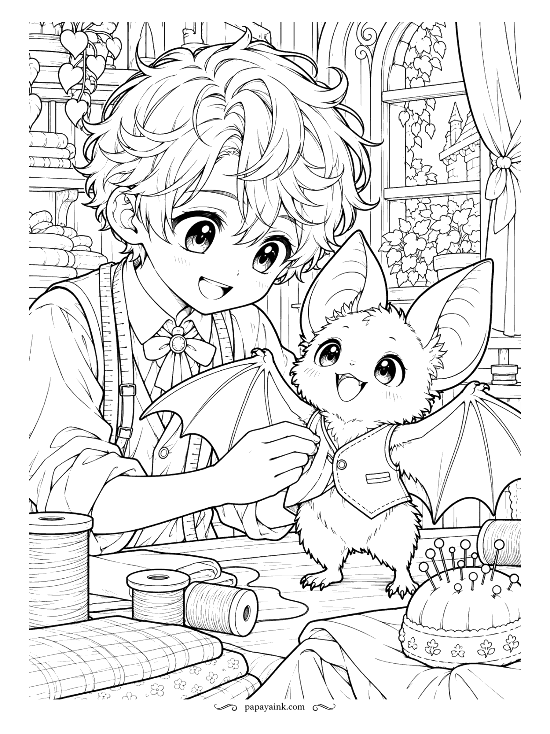 Anime Boy Coloring Pages - Custom tailoring for a customer with wings: a baby bat holds still - almost - for the fitting of its first vest. Thread spools, a pincushion and folded fabric fill the workbench.
