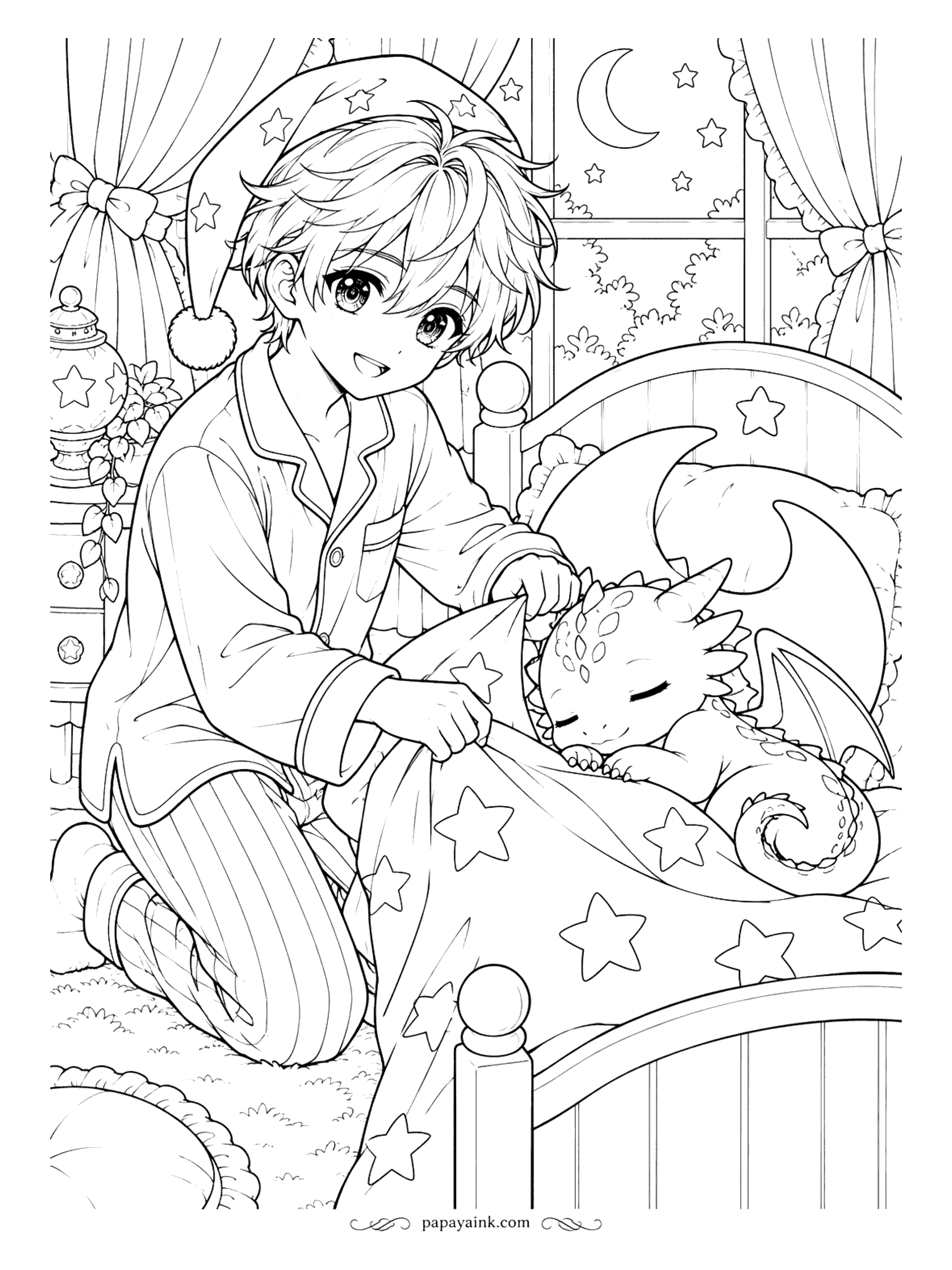 Anime Boy Coloring Pages - Lights out. In a nightcap and striped pajamas, he pulls a star-print blanket over a baby dragon that has already fallen asleep on the pillow, with a crescent moon looking in through the window.