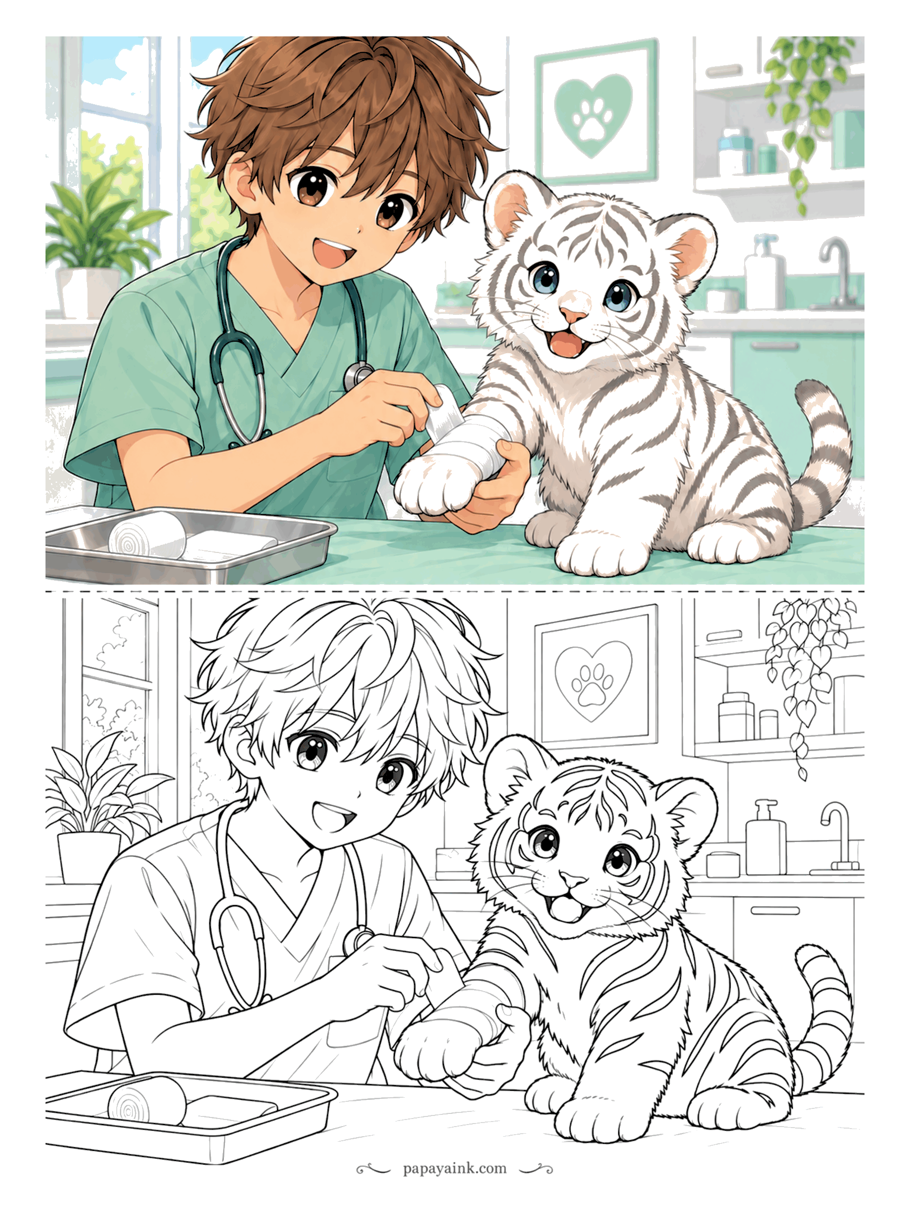 Anime Boy Coloring Pages - Nothing serious, just a paw that needs wrapping. A young vet in green scrubs winds a bandage for a white tiger cub who is being remarkably brave about it.