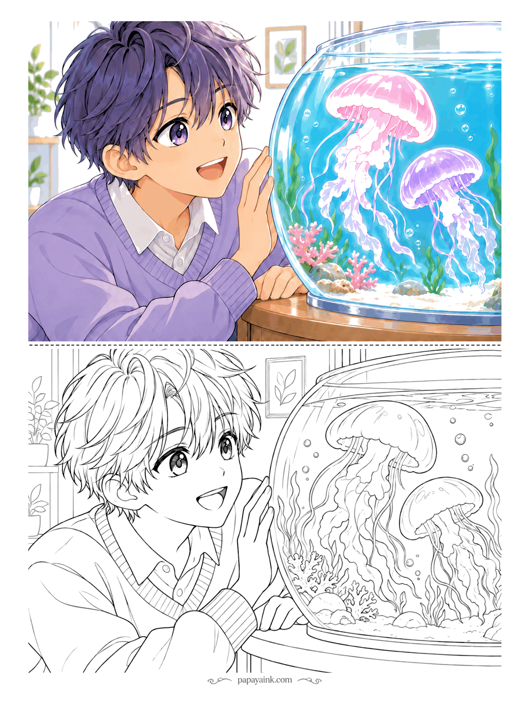 Anime Boy Coloring Pages - Jellyfish drift through a round aquarium while he leans in close, palms together, completely absorbed. A calm portrait in lilac and sea blue, with trailing tentacles that reward a fine-tip pen.