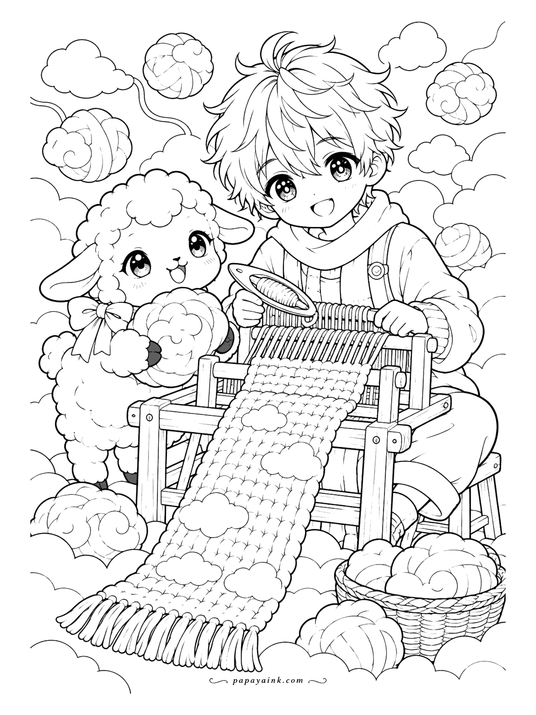 Anime Boy Coloring Pages - High above the weather, a small loom turns cloud wool into a scarf patterned with more clouds, and the lamb with the bow brings the next fluffy armful. Soft, rounded shapes from edge to edge.