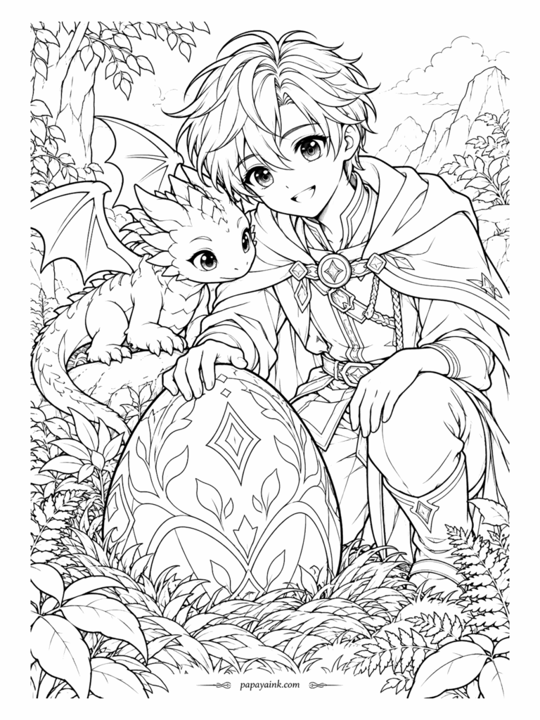 Anime Boy Coloring Pages - The first egg has hatched and the second is taking its time. A young adventurer in a traveling cloak keeps watch beside it with the baby dragon, deep in a valley of ferns. Detailed - the carved shell and leafy ground suit fine-tip pens.