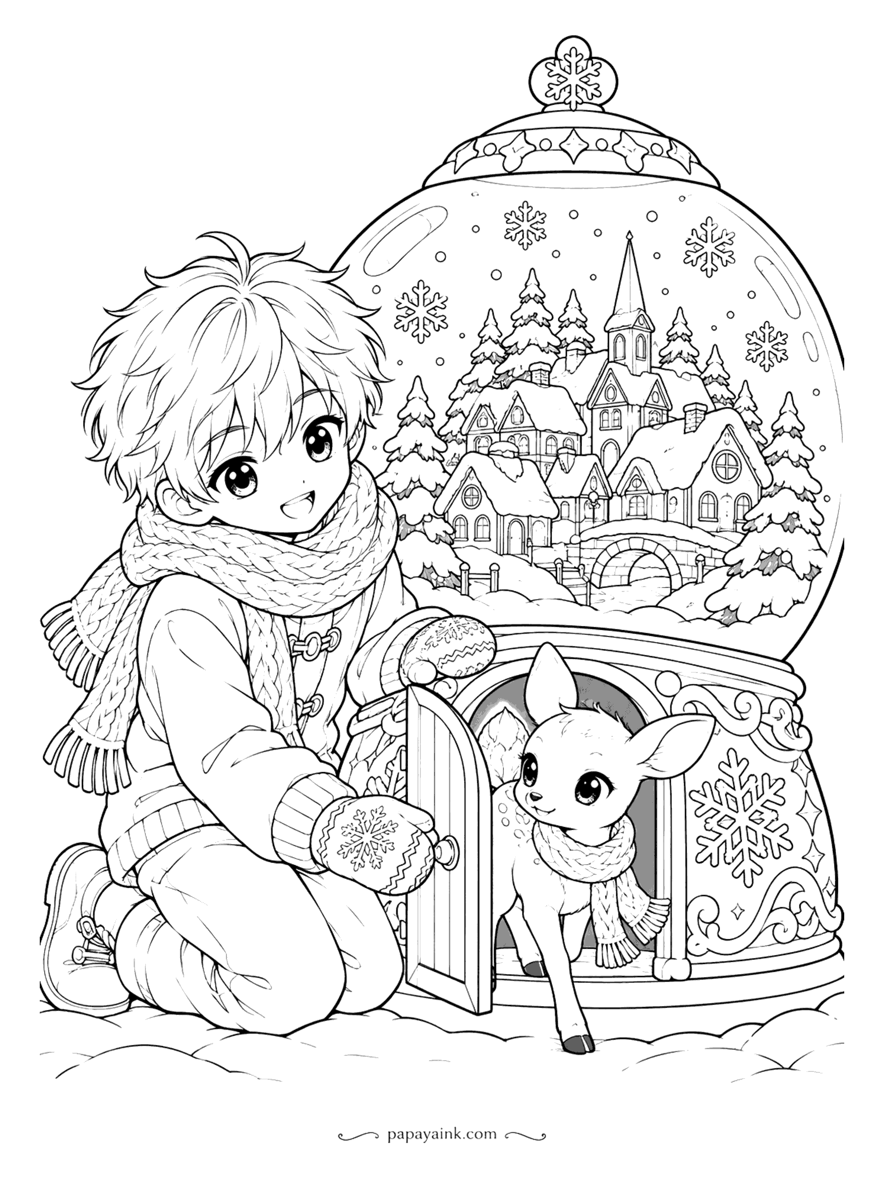 Anime Boy Coloring Pages - A snow globe big enough to have a front door, and a fawn in a knitted scarf stepping out of it. Behind the glass, a whole village sits under falling snowflakes.