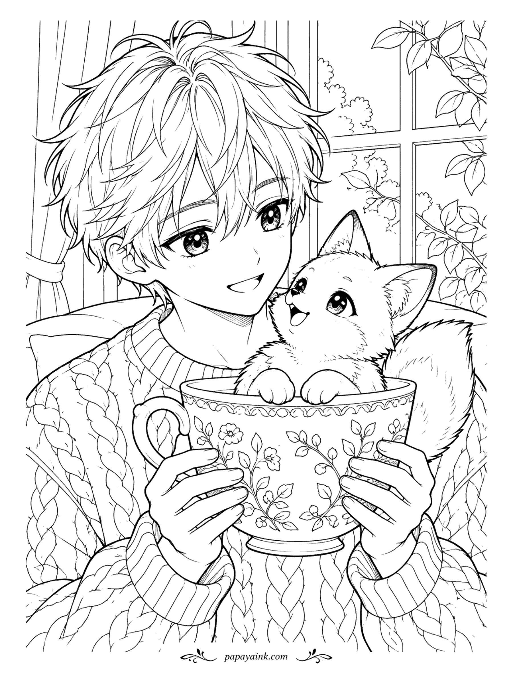 Anime Boy Coloring Pages - Somewhere under that fox cub there used to be tea. A close-up portrait with a chunky cable-knit sweater and a flower-painted cup - big, soft shapes that are good for practicing shading.