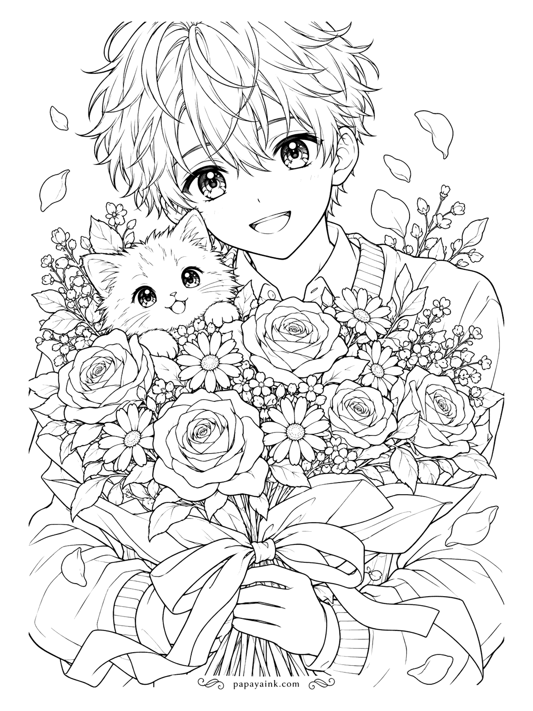 Anime Boy Coloring Pages - Roses, daisies and a stowaway: a fluffy kitten has climbed into the middle of the bouquet he is carrying, and the petals are already flying.