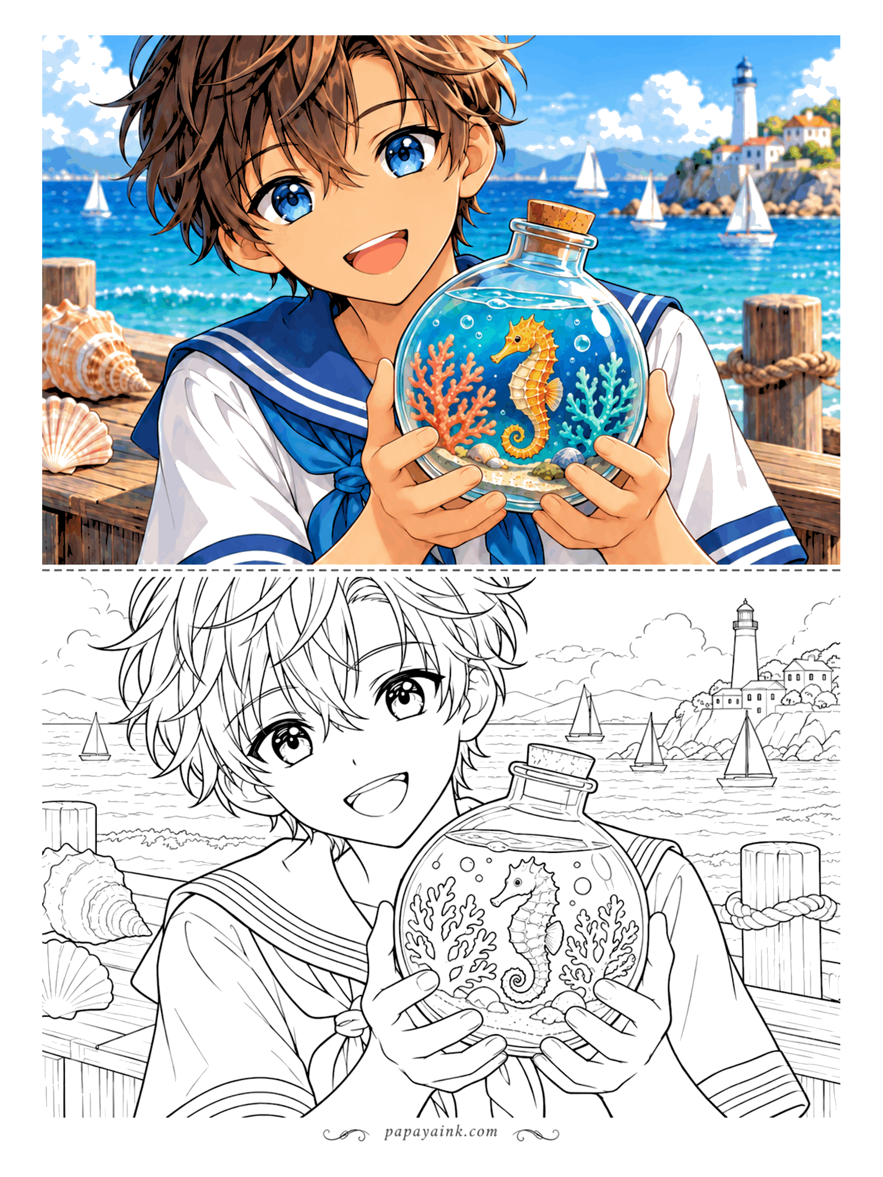 Anime Boy Coloring Pages - A whole tiny ocean fits inside this round glass bottle: coral, sand and a golden seahorse. Sailor collar, harbor pier and a lighthouse across the bay round out the seaside scene. Detailed.