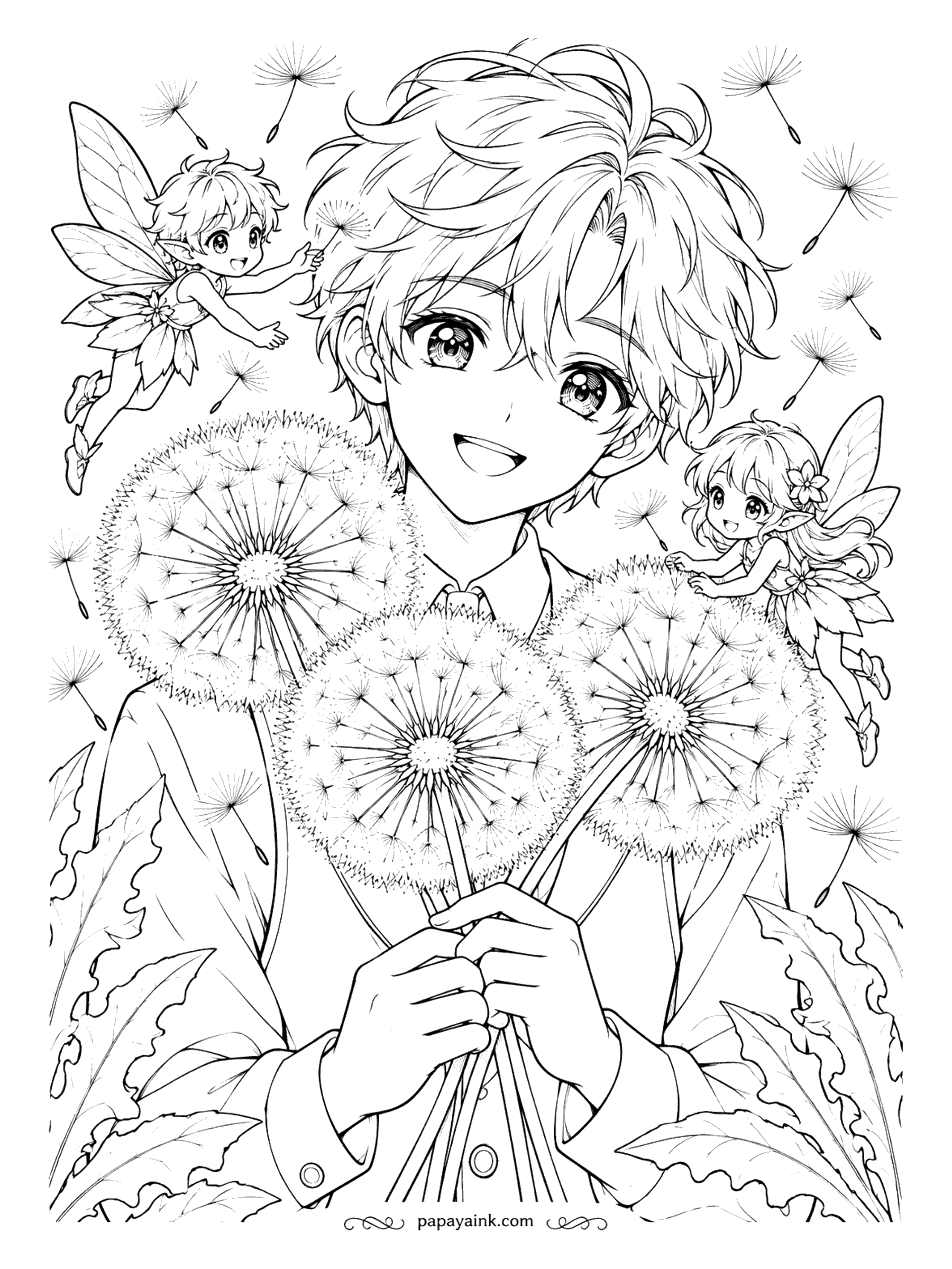 Anime Boy Coloring Pages - Dandelion clocks the size of dinner plates, and a pair of tiny fairies helping the seeds on their way. His windswept hair is the star here - leave a few strands white for the highlight.