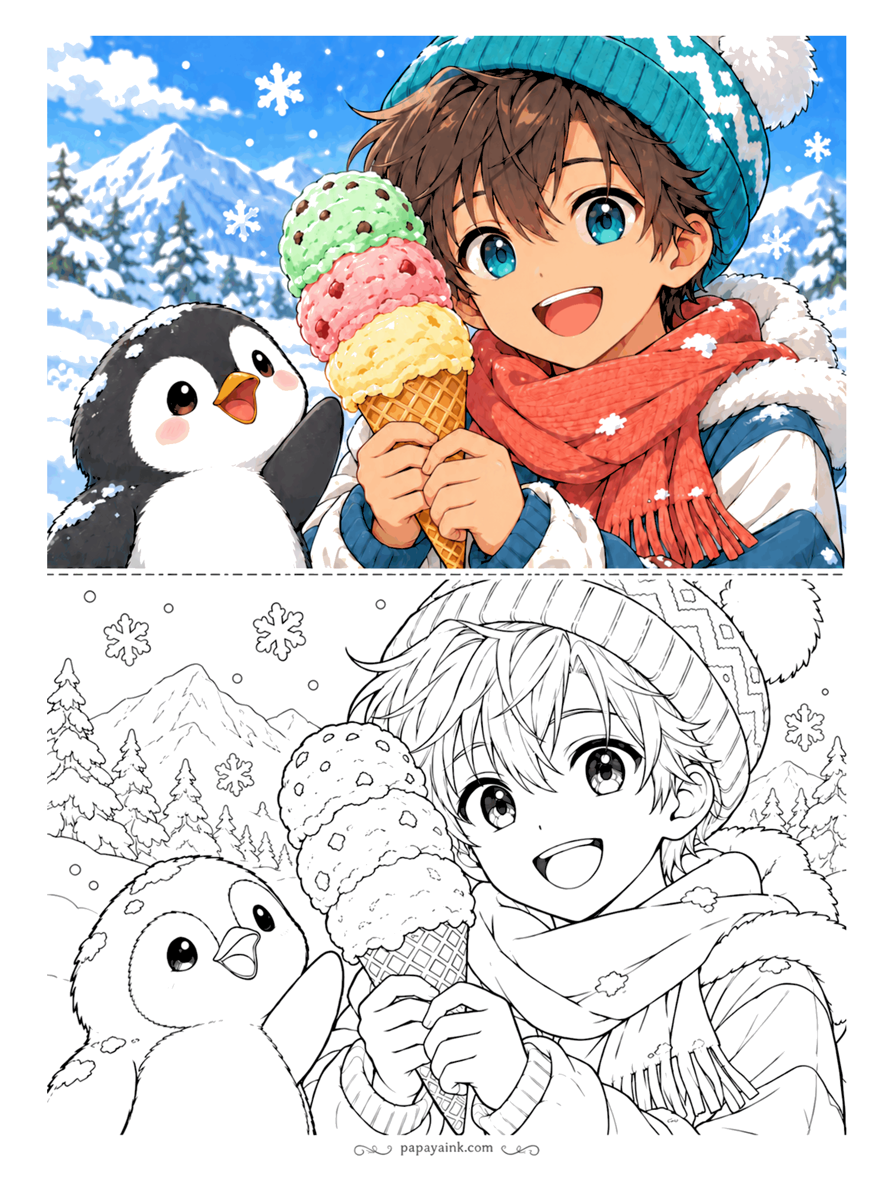 Anime Boy Coloring Pages - Ice cream in the snow? The penguin thinks it is a fine idea. A close-up with a knitted pom-pom hat, a fringed scarf and a waffle cone - large shapes that suit markers.