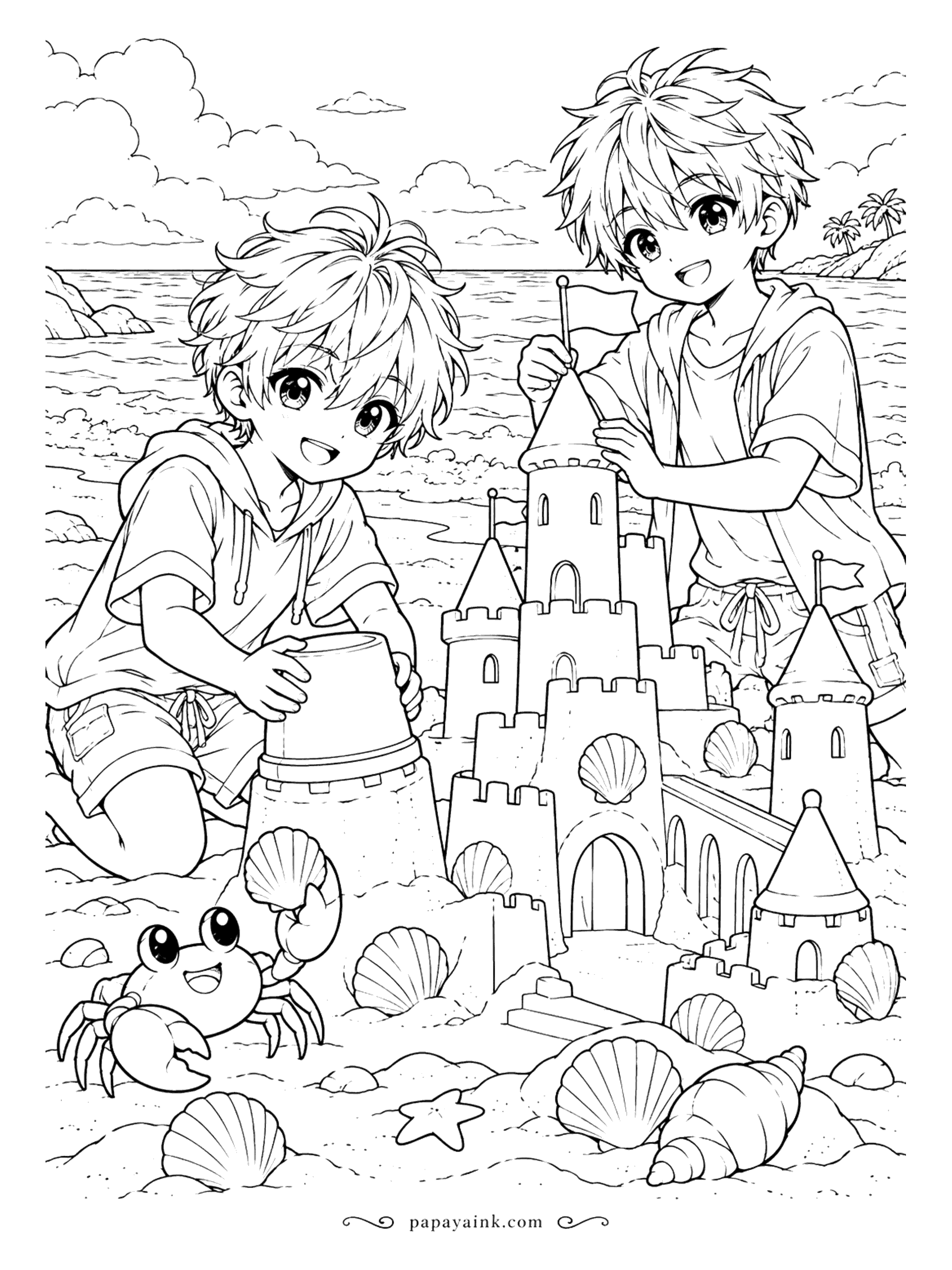 Anime Boy Coloring Pages - Towers are his job, the flag is his friend's, and the crab has appointed itself shell inspector. A beach scene with gentle surf, scallop shells and a castle that deserves a moat.